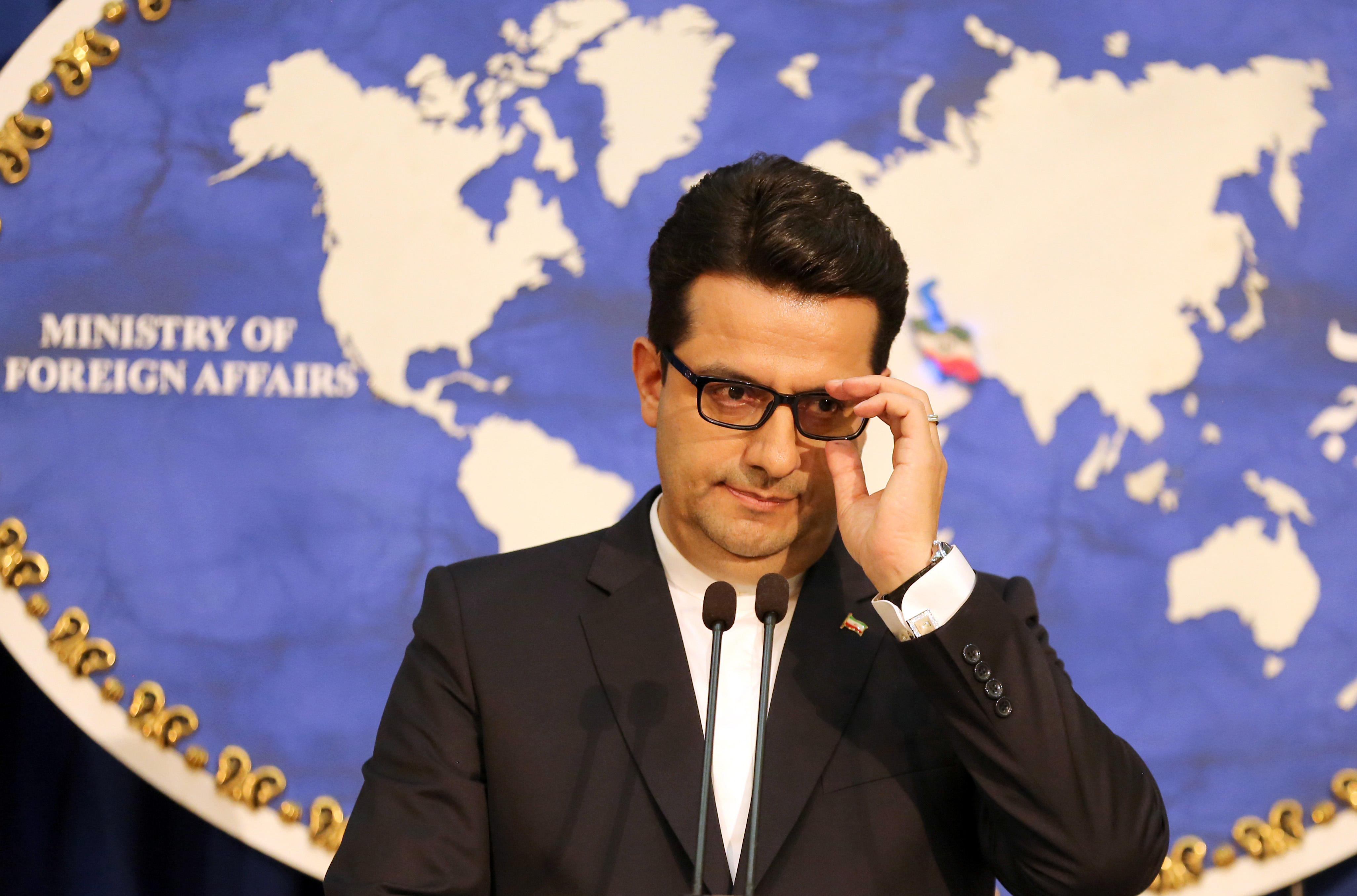 Abbas Mousavi, spokesman for Iran's Foreign Ministry, gives a press conference in the capital Tehran on May 28, 2019. CREDIT: Atta Kenare/AFP/Getty Images .