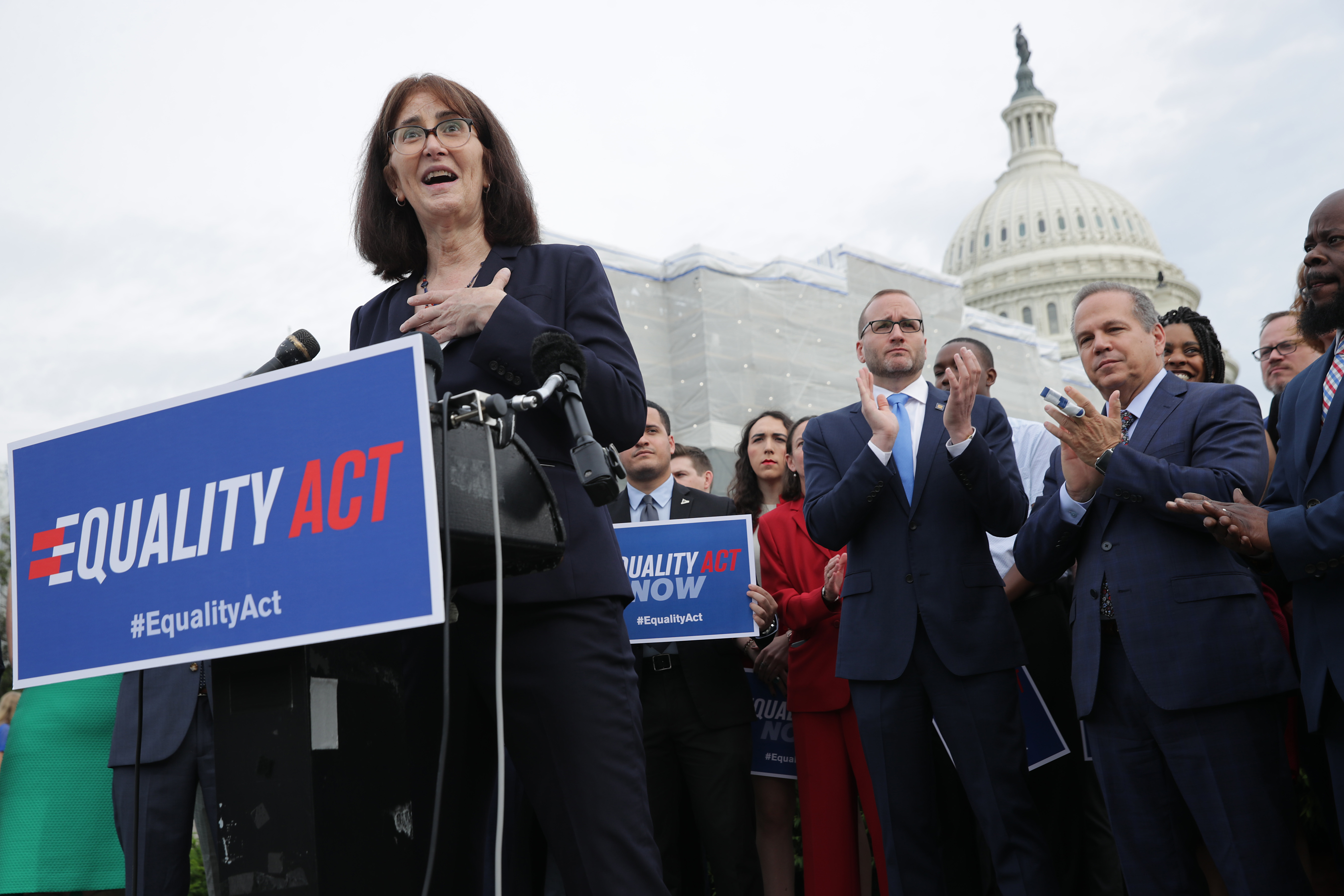 National Center for Transgender Equality Executive Director Mara Keisling addresses a rally and news conference with Rep. David Cicilline (D-RI), Human Rights Campaign President Chad Griffin and fellow leaders from LGBTQ advocacy organizations before the House votes on the Equality Act May 17, 2019 in Washington, DC. The openly gay politicians and their supporters called on the Republican-controlled Senate to pass the Equality Act, which would modify existing civil rights law to extend anti-discrimination protections to LGBT Americans in employment, education, credit, jury service, federal funding, housing and public accommodations. (Photo by Chip Somodevilla/Getty Images)