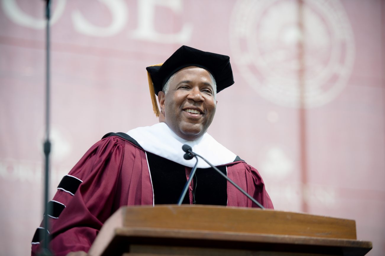 Robert F. Smith gives the commencement address at Morehouse College on Sunday.