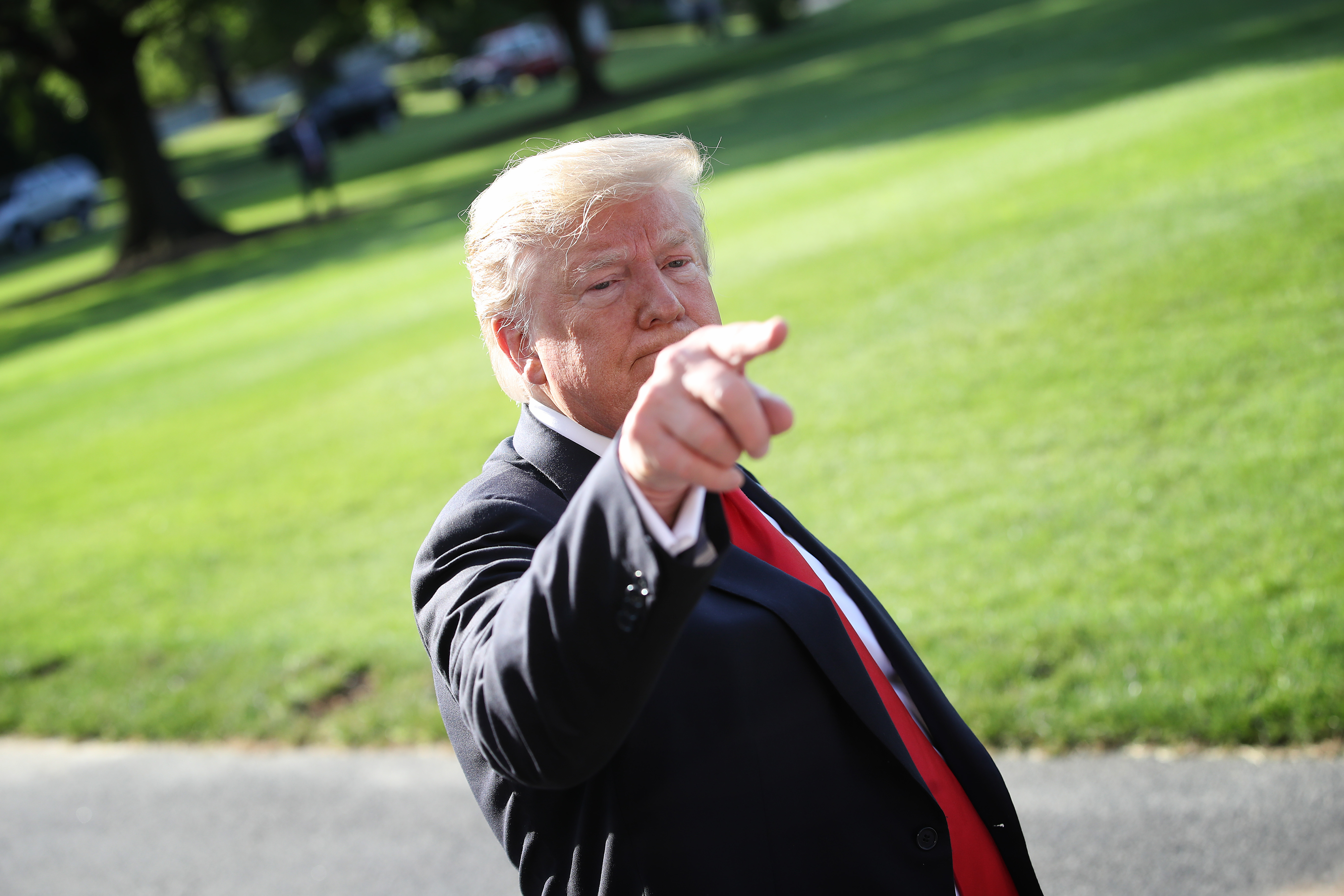 WASHINGTON, DC - MAY 30: U.S. President Donald Trump answers questions on the comments of special counsel Robert Mueller while departing the White House May 30, 2019 in Washington, DC. Trump is scheduled to attend the commencement ceremony at the U.S. Air Force Academy in Colorado later in the day.(Photo by Win McNamee/Getty Images)