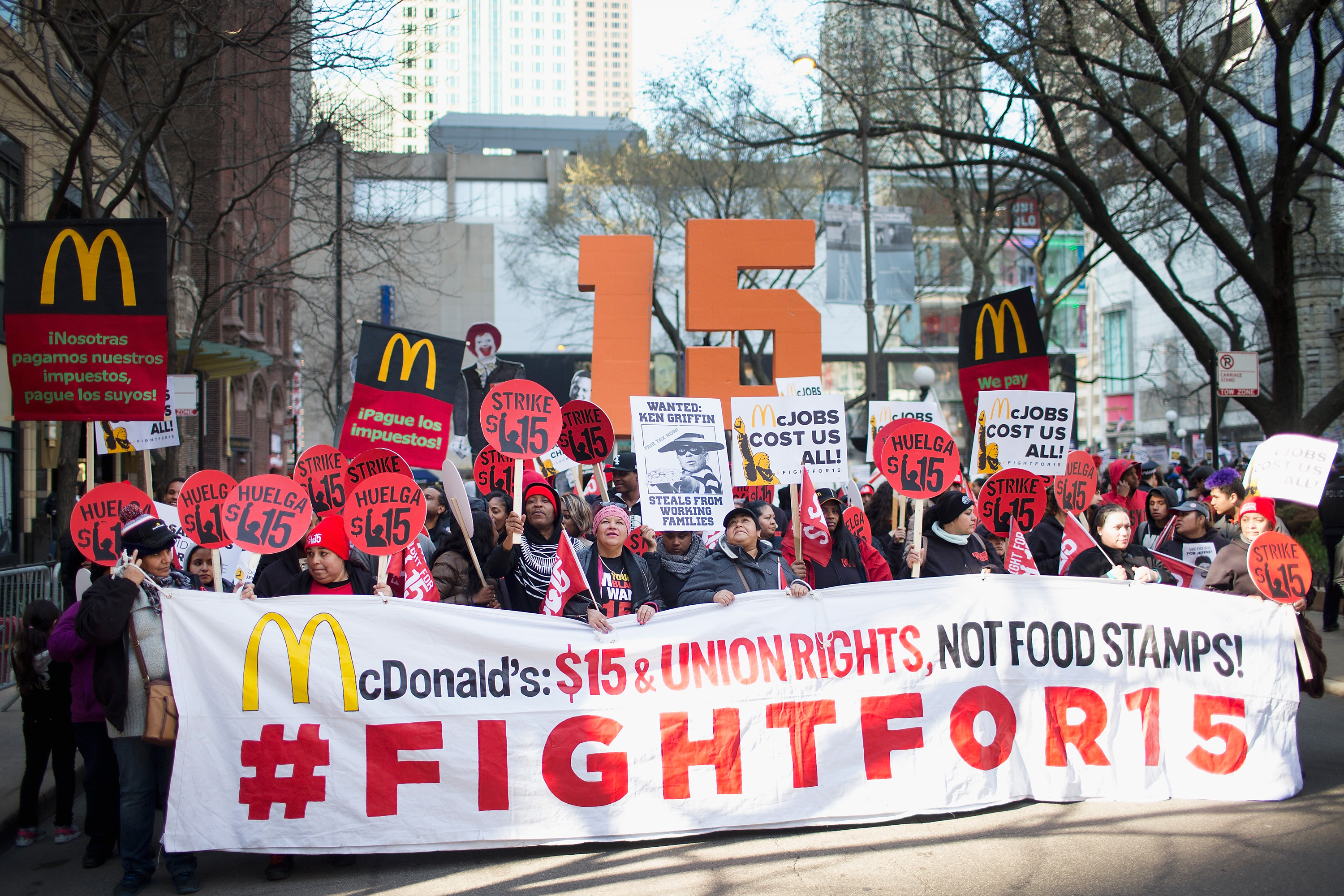 CHICAGO, IL - APRIL 14: Demonstrators demanding an increase in the minimum wage to $15-dollars-per-hour prepare to march in the streets on April 14, 2016 in Chicago, Illinois. (Photo by Scott Olson/Getty Images)