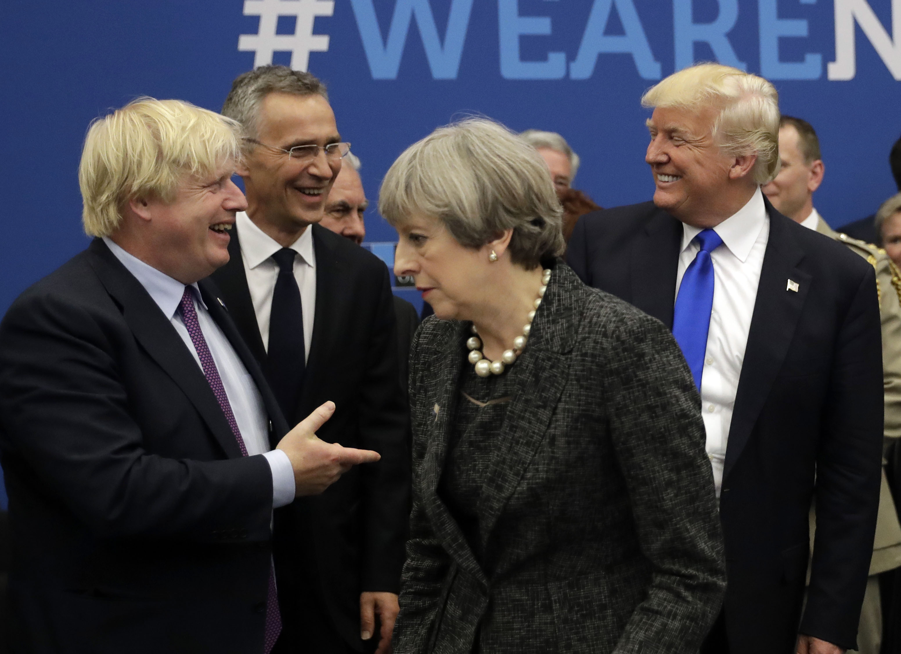 Boris Johnson, NATO Secretary General Jens Stoltenberg, Britain's Prime Minister Theresa May, and President Donald Trump arrive for a working dinner meeting at the NATO in Brussels, on May 25, 2017. CREDIT: Matt Dunham/AFP/Getty Images.