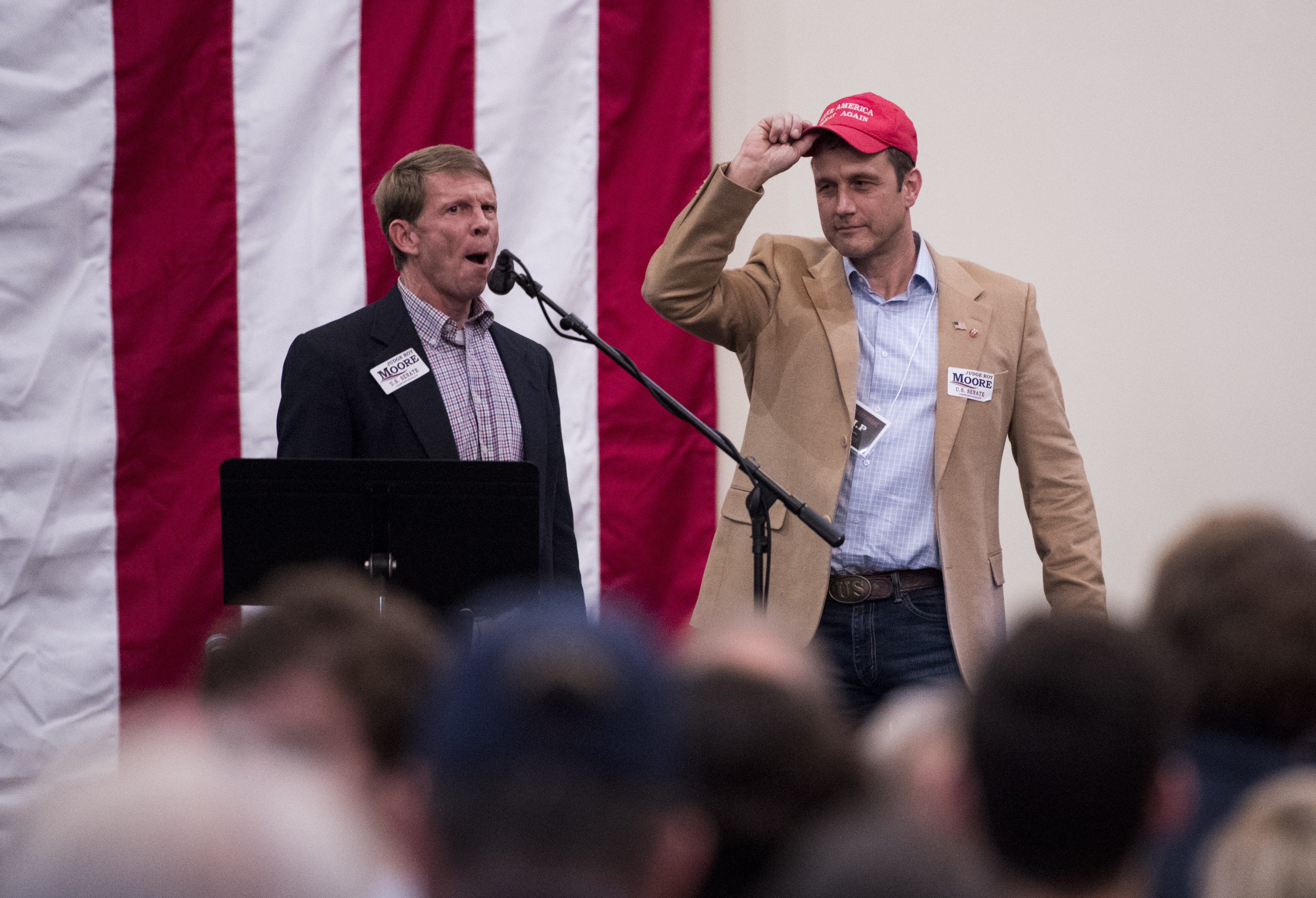 UNITED STATES - DECEMBER 11: Paul Nehlen, right, primary challenger to Speaker of the House Paul Ryan, R-Wisc., is introduced on stage during the "Drain the Swamp" Roy Moore campaign rally in Midland City, Ala., on Monday, Dec. 11, 2017. (Photo By Bill Clark/CQ Roll Call)