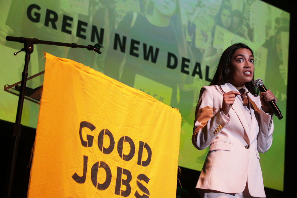 U.S. Rep. Alexandria Ocasio-Cortez (D-NY) speaks during a Green New Deal rally at May 13, 2019 in Washington, DC. CREDIT: Alex Wong/Getty Images.