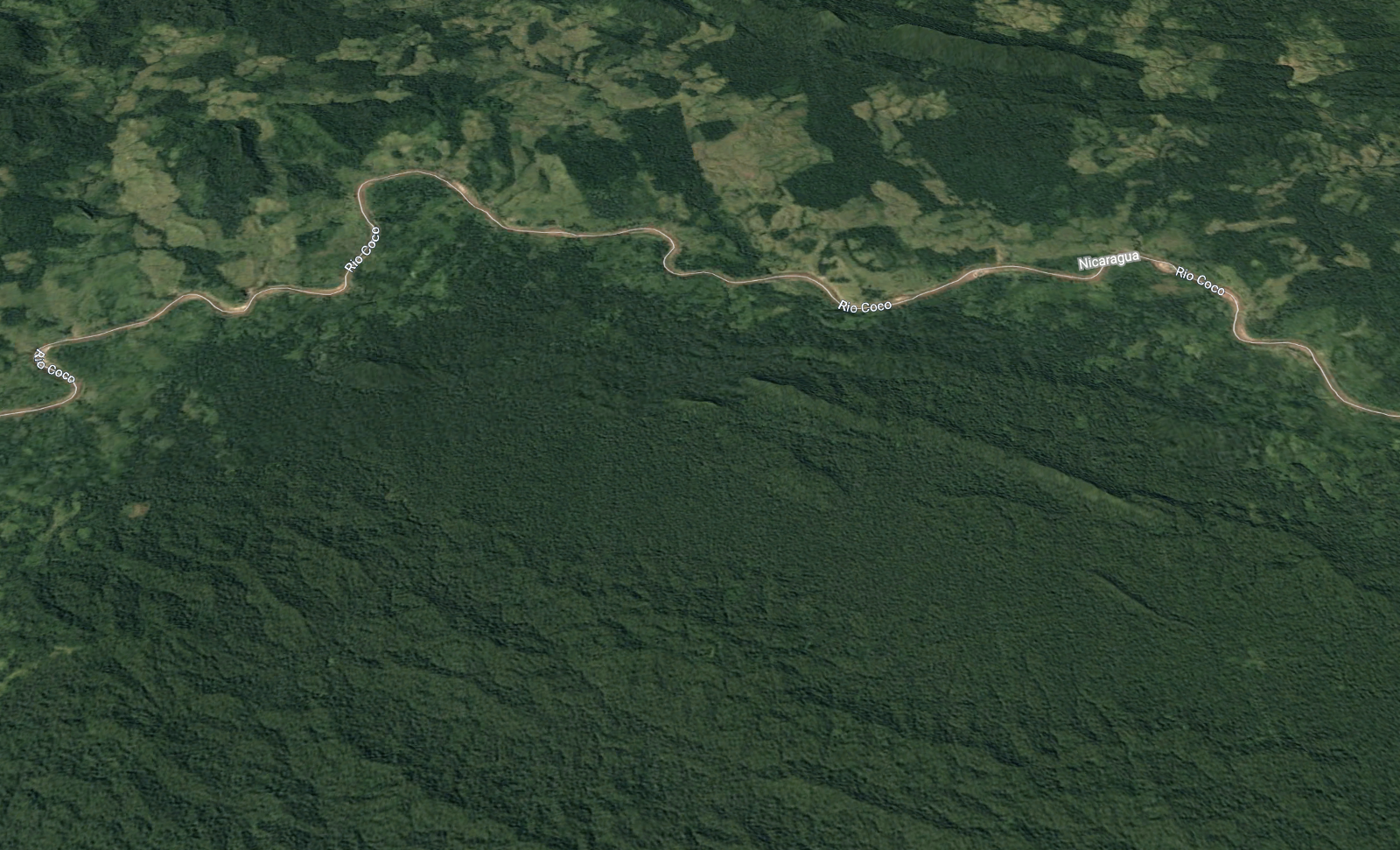 The Rio Coco border between Honduras (top) and Nicaragua (bottom). CREDIT: Google Earth