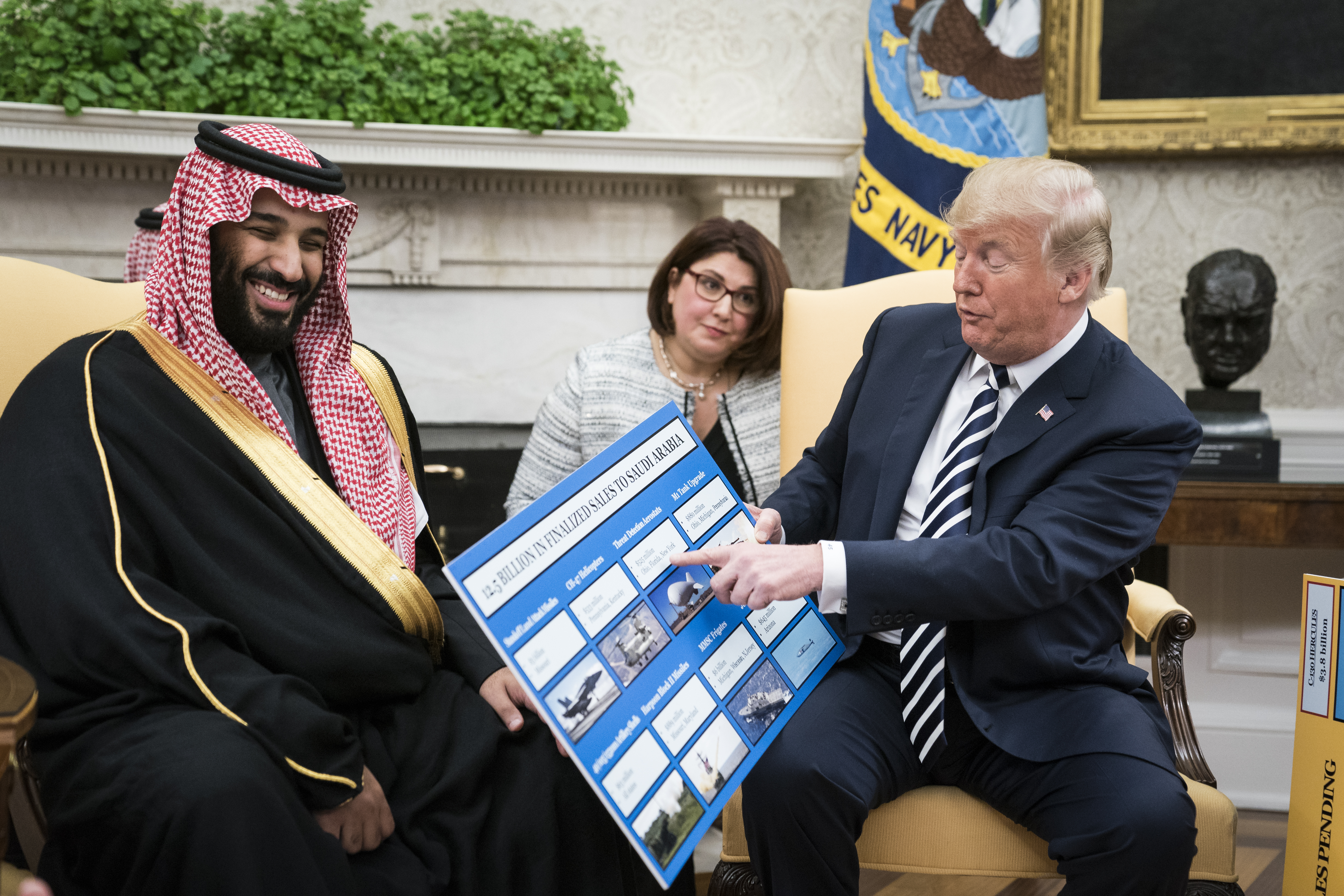 President Donald Trump shows off posters as he talks with Crown Prince Mohammad bin Salman of the Kingdom of Saudi Arabia during a meeting in the Oval Office at the White House on Tuesday, March 20, 2018 in Washington, DC. (Photo by Jabin Botsford/The Washington Post via Getty Images)