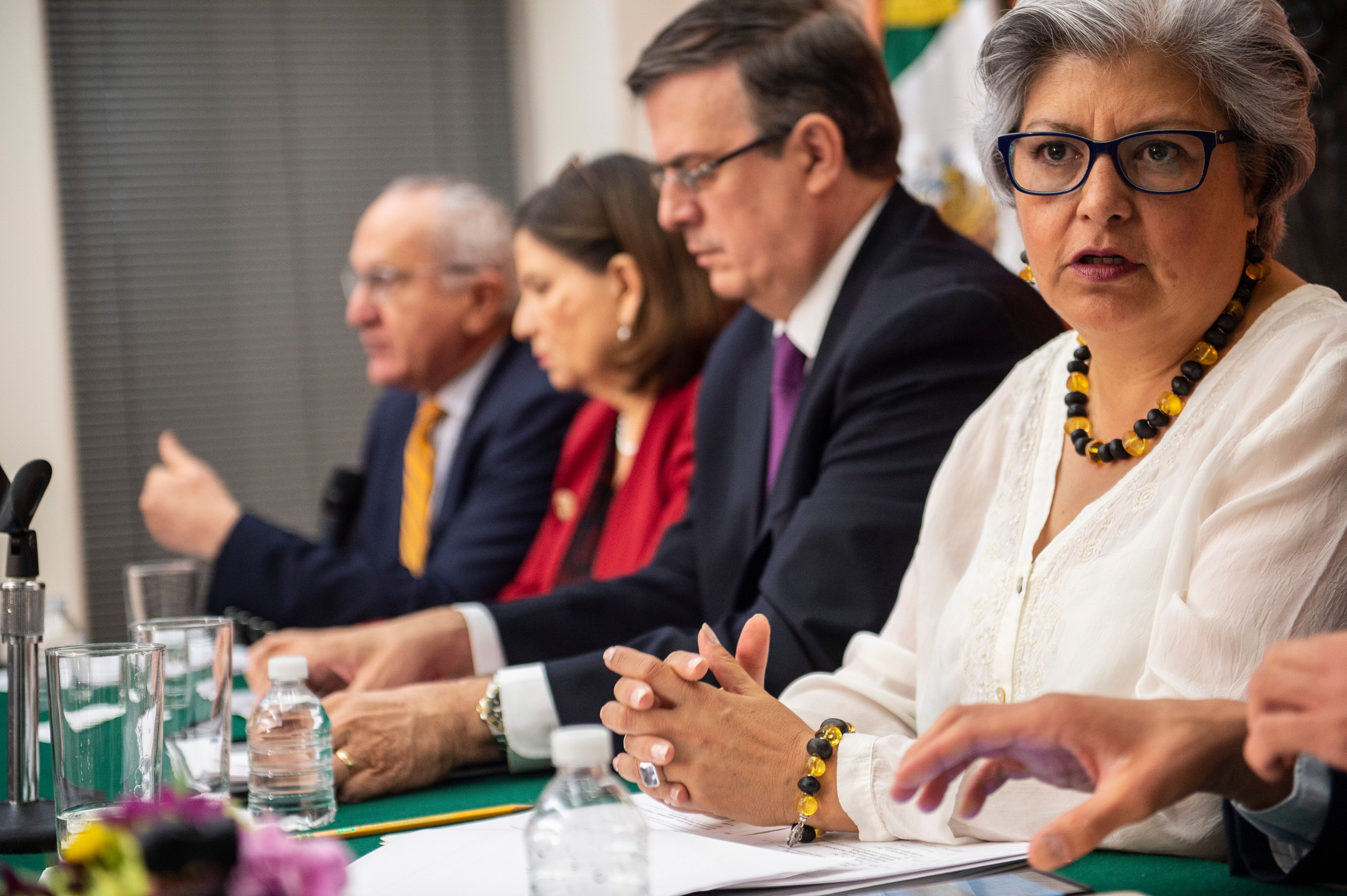 Undersecretary for North America for the Mexican Ministry of Foreign Affairs, Jesus Seade, Mexican Ambassador to the US Martha Barcena Coqui, Mexican Foreign Minister Marcelo Ebrard Casaubon and Mexico's Economy Secretary Graciela Marquez Colin attend a press conference with the Mexican delegation negotiating tariffs with US officials on June 3, 2019 at the Mexican embassy in Washington, D.C.. CREDIT: Photo by Eric Bardat/AFP/Getty Images.