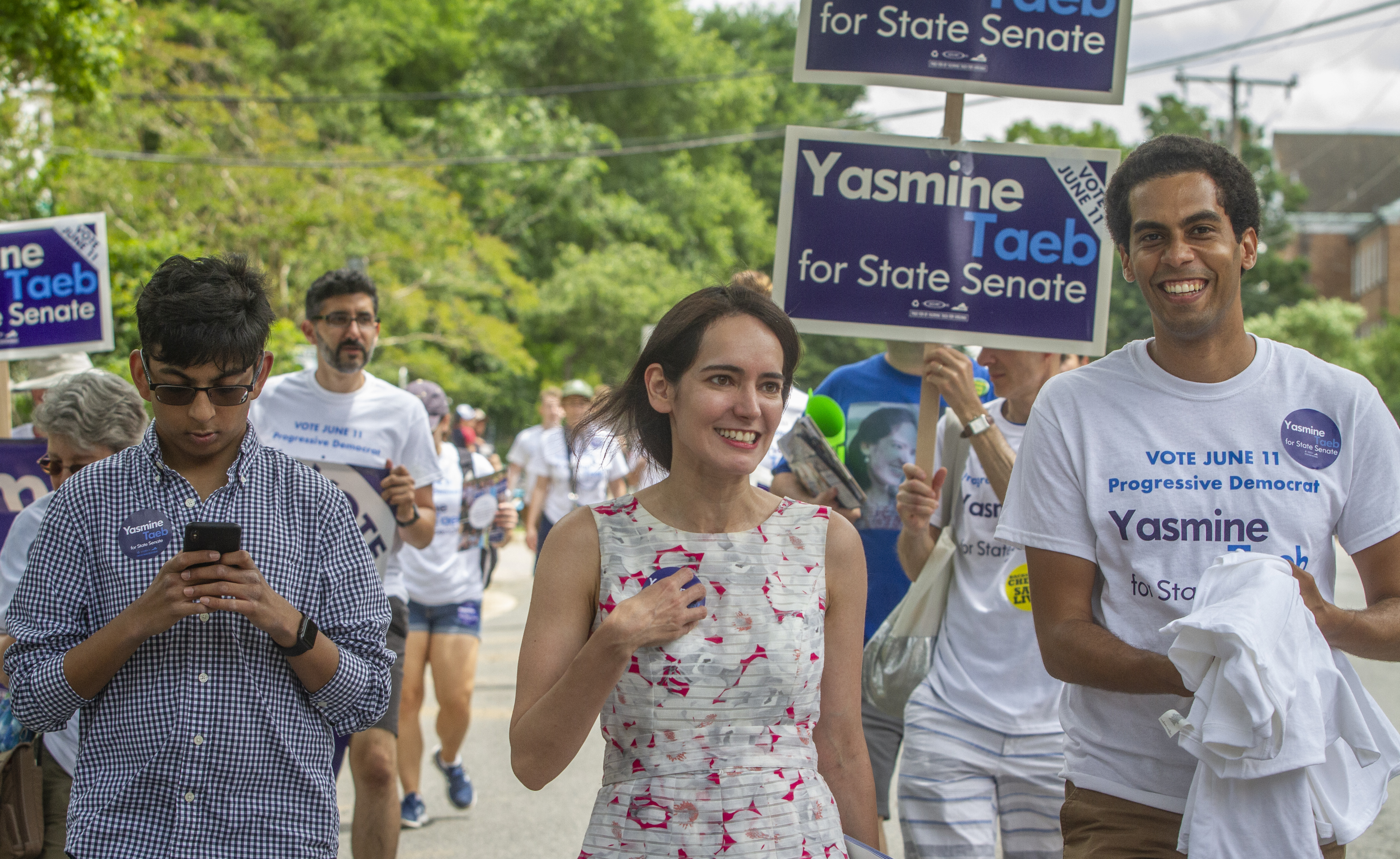 Democratic National Committee Official Yasmine Taeb talks to constituents in the Memorial Day Parade, Falls Church, Va., on May 27, 2019.
(Cal Cary for The Washington Post via Getty Images)