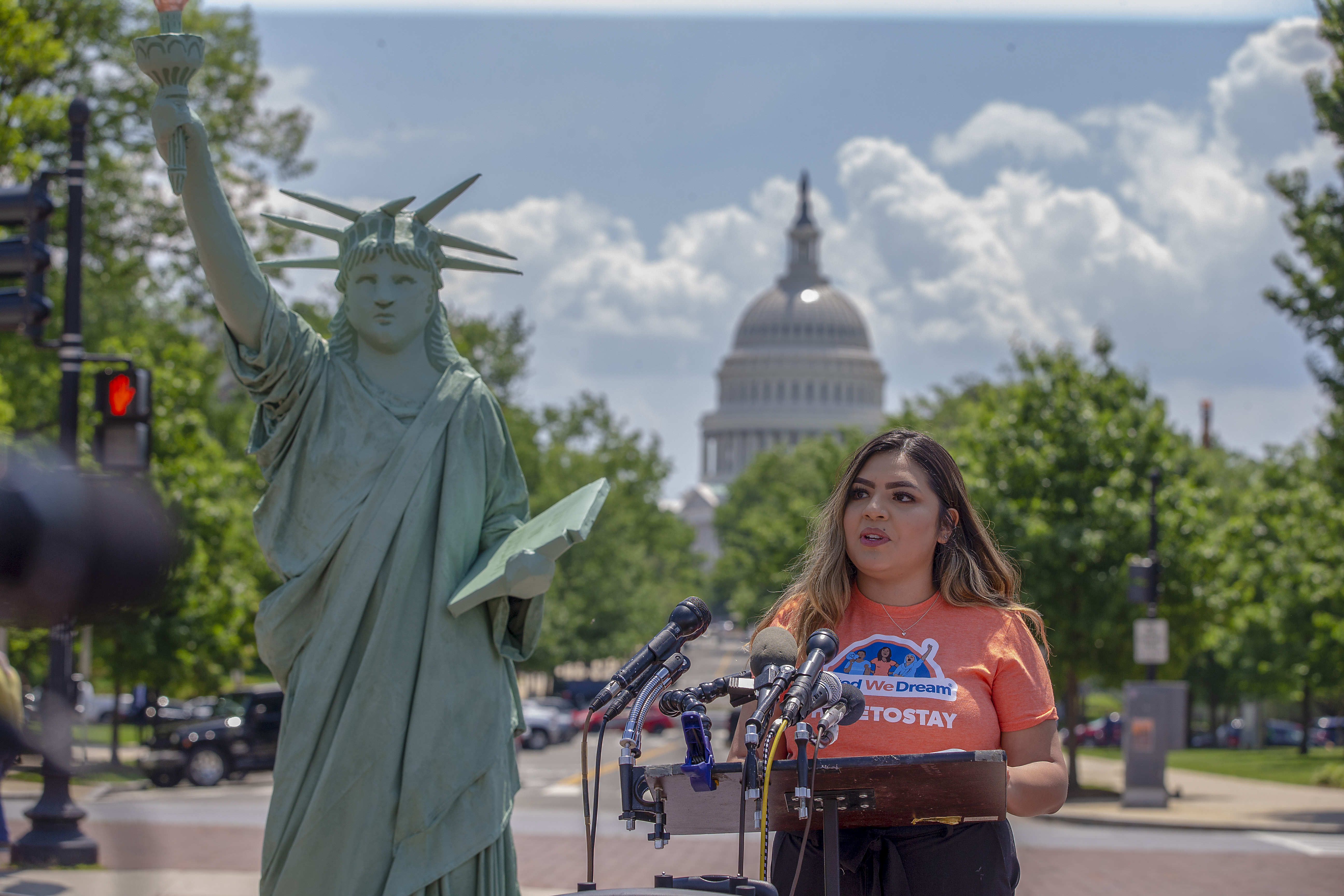 WASHINGTON, DC - MAY 16: Luz Chavez, DACA recipient and United We Dream member speaks at the America Welcomes Event with a Statue Of Liberty Replica Shows Solidarity With Immigrants & Refugees at Union Station on May 16, 2019 in Washington, DC. (Photo by Tasos Katopodis/Getty Images for MoveOn.org)