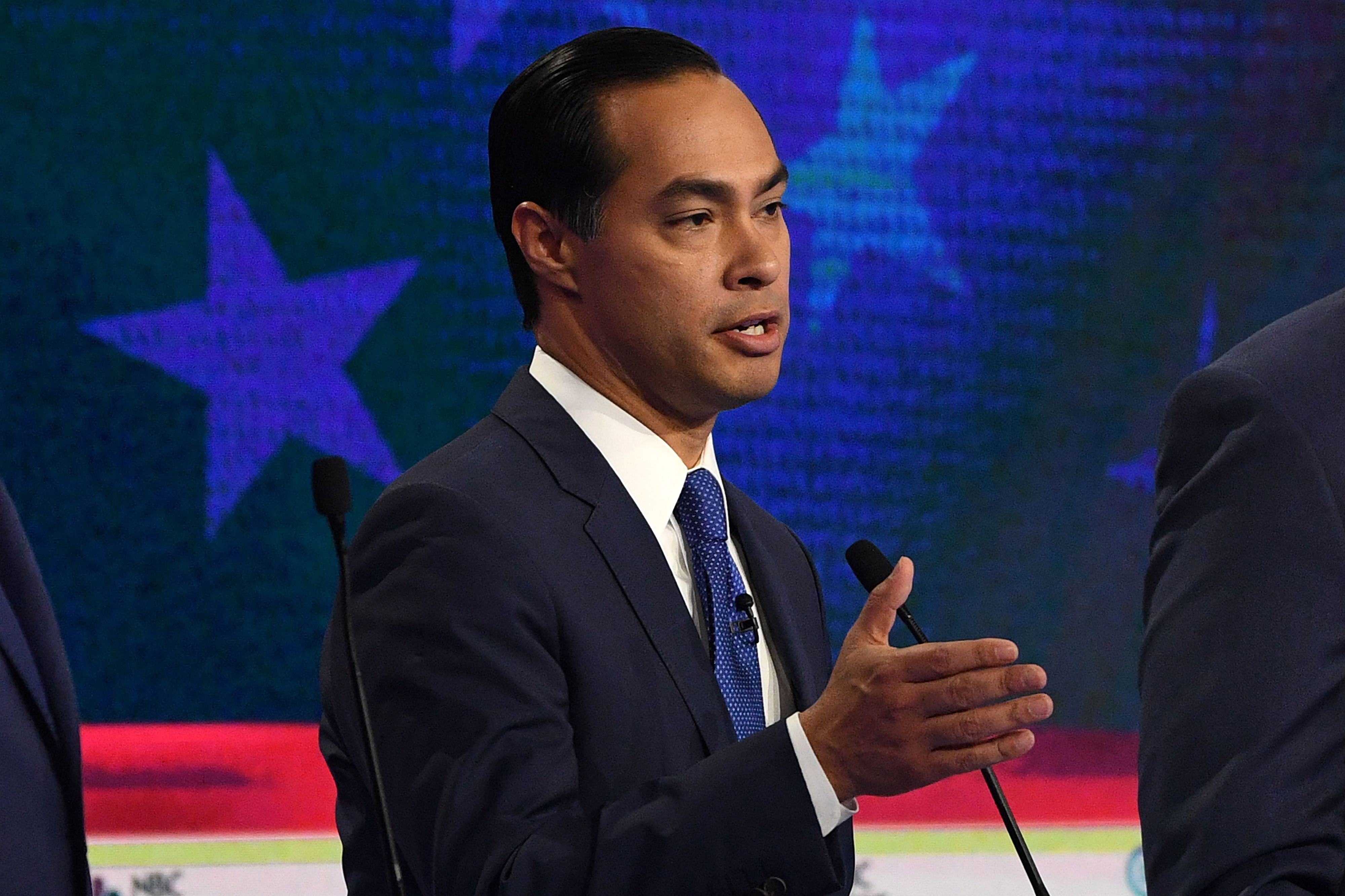 Democratic presidential hopeful former Housing and Urban Development Secretary Julian Castro speaks during the first night of the Democratic presidential primary debate hosted by NBC News at the Adrienne Arsht Center for the Performing Arts in Miami, Florida, on June 26, 2019. (Photo by JIM WATSON / AFP) (Photo credit should read JIM WATSON/AFP/Getty Images)