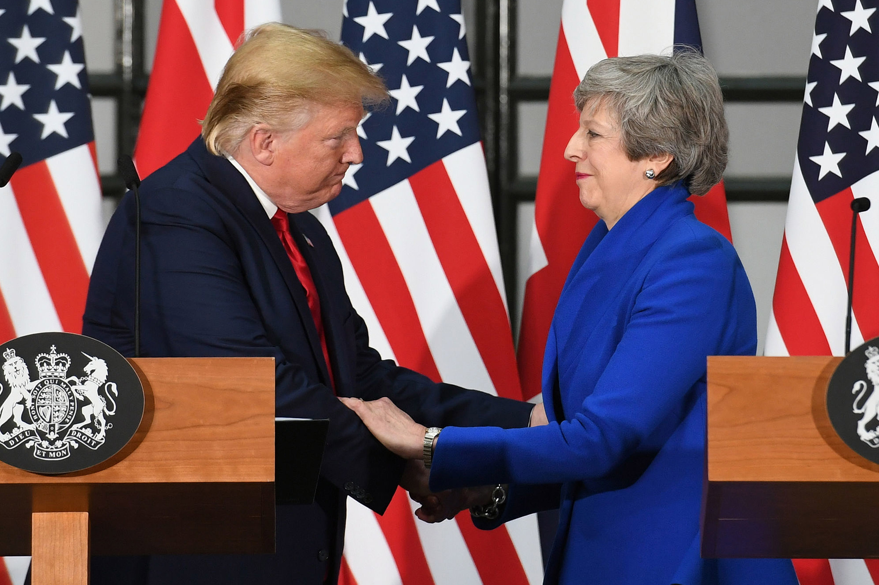 Prime Minister Theresa May and President Donald Trump attend a joint press conference at the Foreign & Commonwealth Office during the second day of his State Visit on June 4, 2019 in London, England. CREDIT: Stefan Rousseau/WPA Pool/Getty Images.