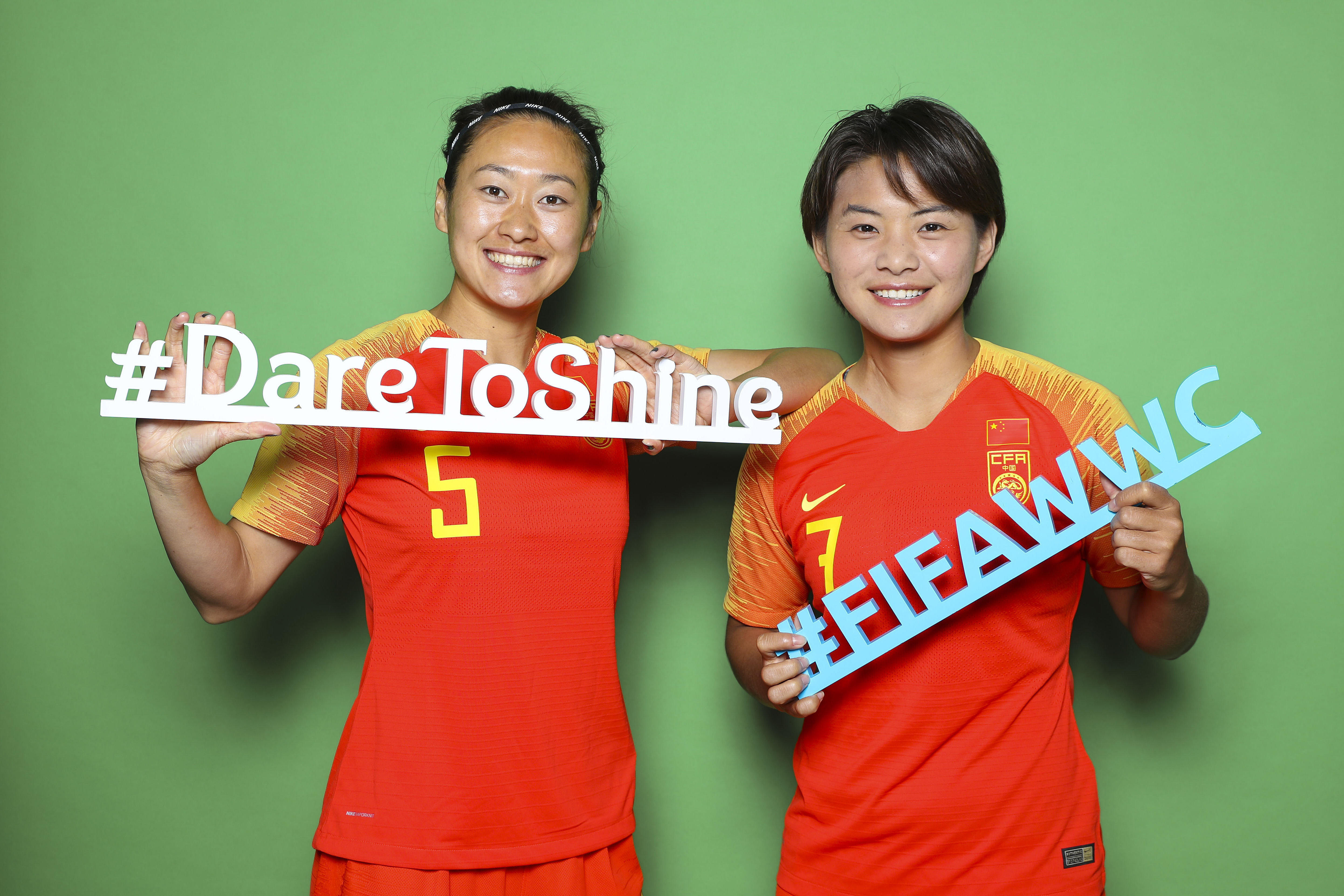 RENNES, FRANCE - JUNE 05: Haiyan Wu of China (L) and Shuang Wang of China (R) pose for a portrait during the official FIFA Women's World Cup 2019 portrait session at Chateau du Bois-Guy on June 05, 2019 in Rennes, France. (Photo by Marianna Massey - FIFA/FIFA via Getty Images)
