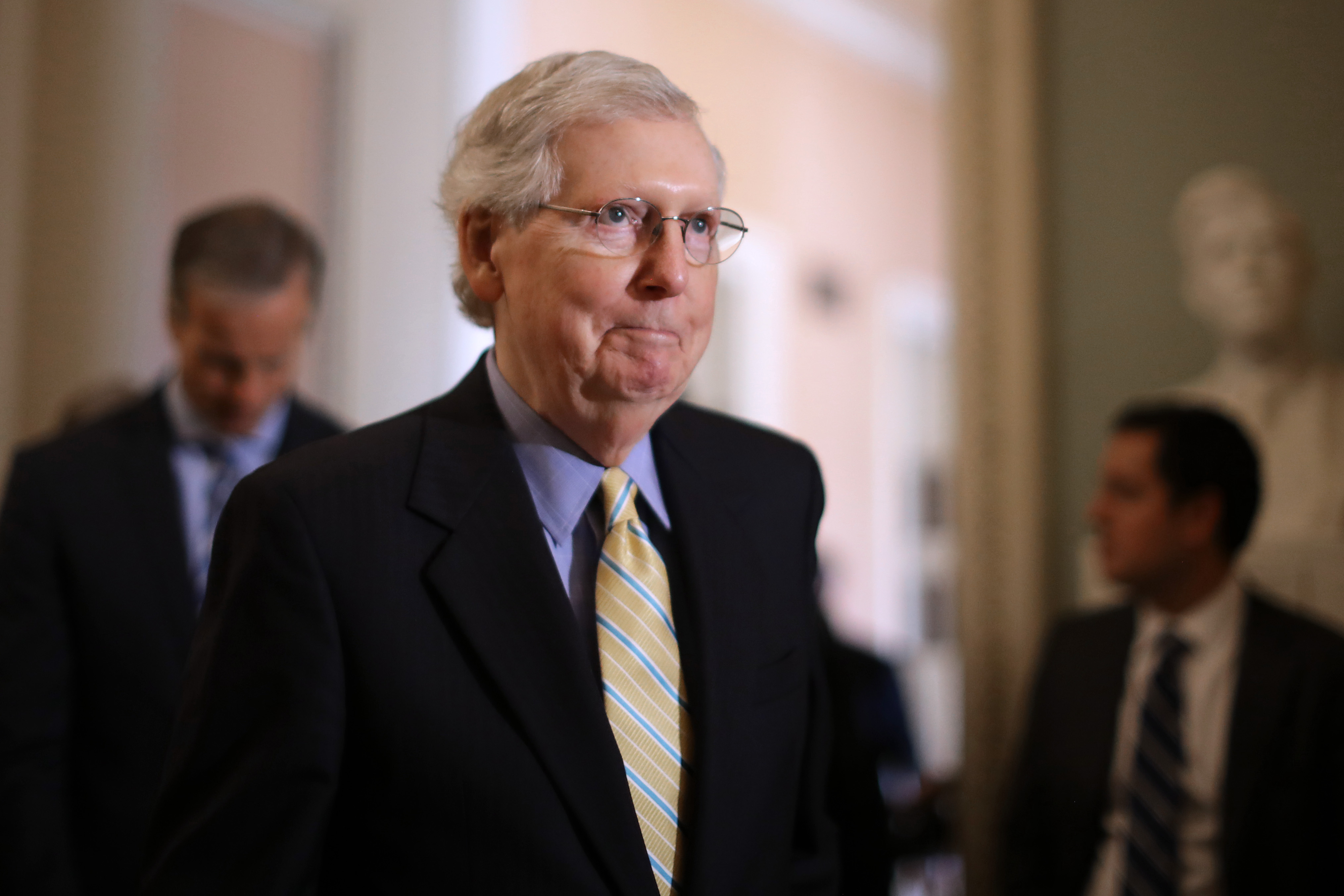 WASHINGTON, DC - JUNE 11: U.S. Senate Majority Leader Mitch McConnell (R-KY) talks to reporters following the weekly Senate policy luncheon at the U.S. Capitol June 11, 2019 in Washington, DC. McConnell said the Senate plans to take up a funding bill to address the humanitarian crisis on the U.S.-Mexico border. (Photo by Chip Somodevilla/Getty Images)