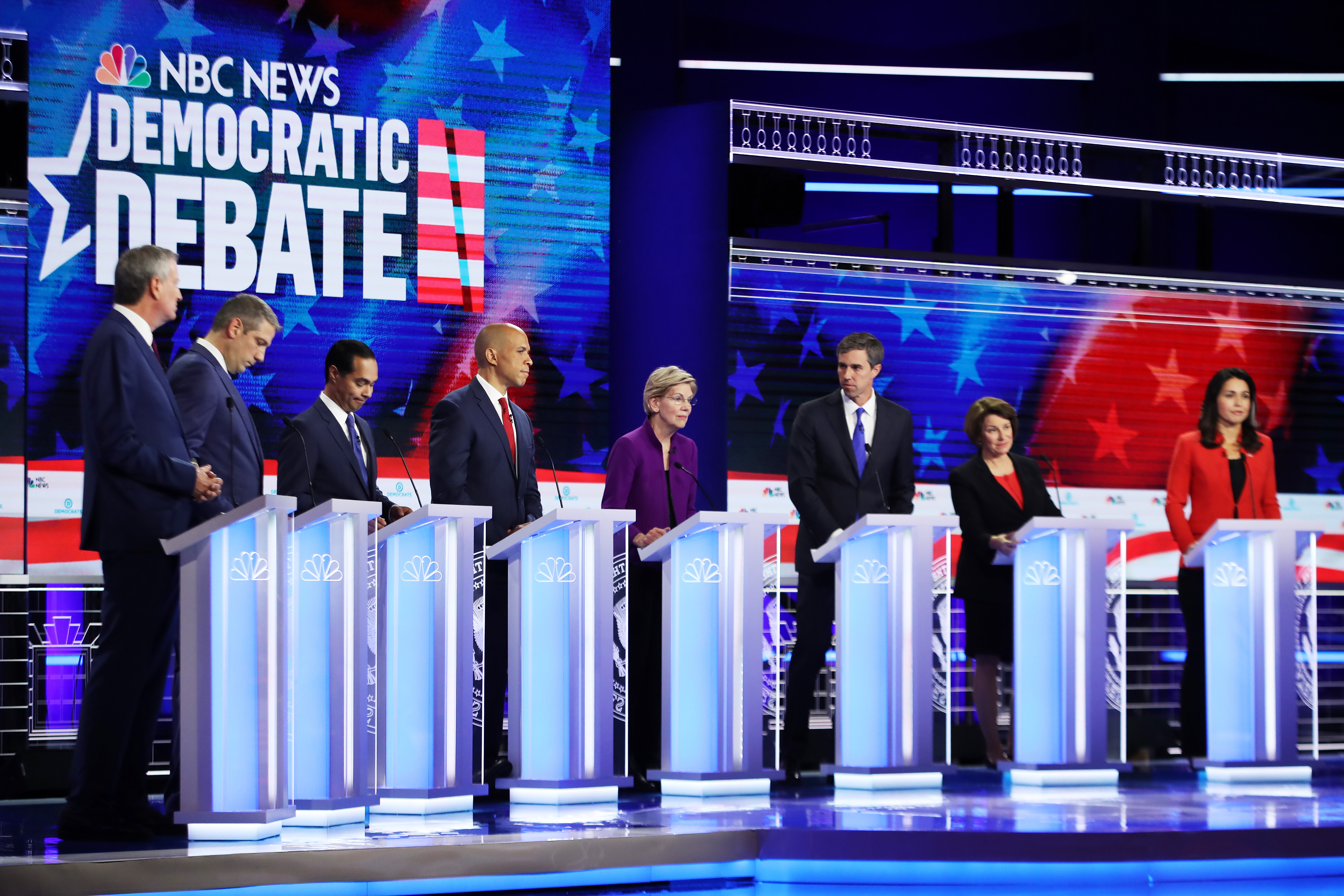 MIAMI, FLORIDA - JUNE 26: A field of 20 Democratic presidential candidates was split into two groups of 10 for the first debate of the 2020 election, taking place over two nights at Knight Concert Hall of the Adrienne Arsht Center for the Performing Arts of Miami-Dade County, hosted by NBC News, MSNBC, and Telemundo. Credit: Joe Raedle/Getty Images
