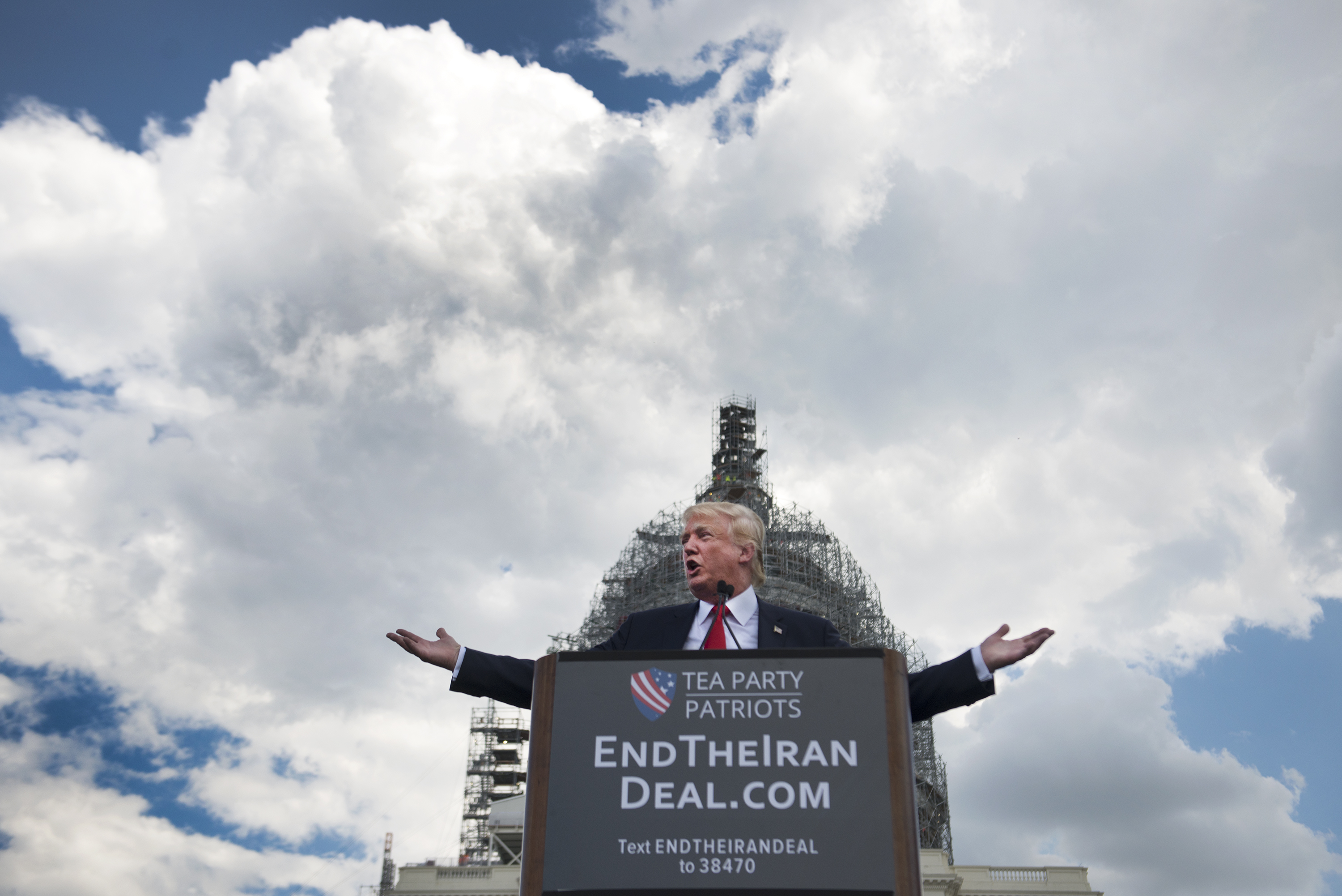 Donald Trump speaks at a the Stop The Iran Nuclear Deal protest in front of the U.S. Capitol in Washington, DC on September 9, 2015. (Credit: Linda Davidson/The Washington Post via Getty Images)