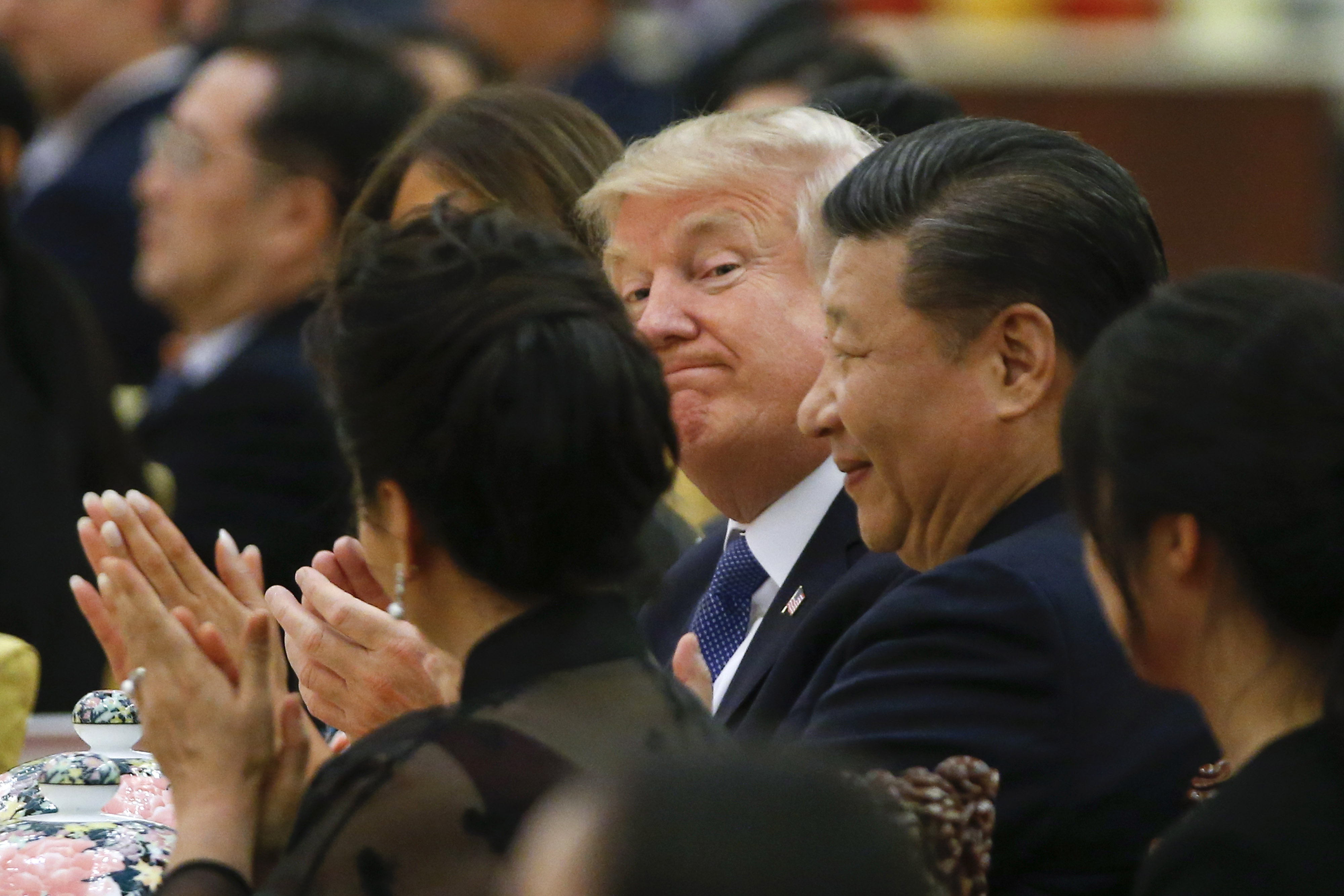 President Donald Trump and China's President Xi Jinping attend at a state dinner at the Great Hall of the People on November 9, 2017 in Beijing, China. CREDIT: Thomas Peter - Pool/Getty Images.