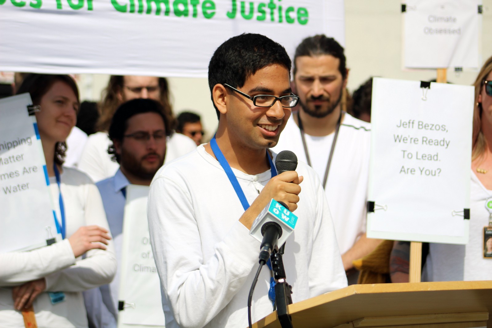 Rajit Iftikhar addresses supporters and the press at an employee rally. CREDIT: Amazon Employees for Climate Justice