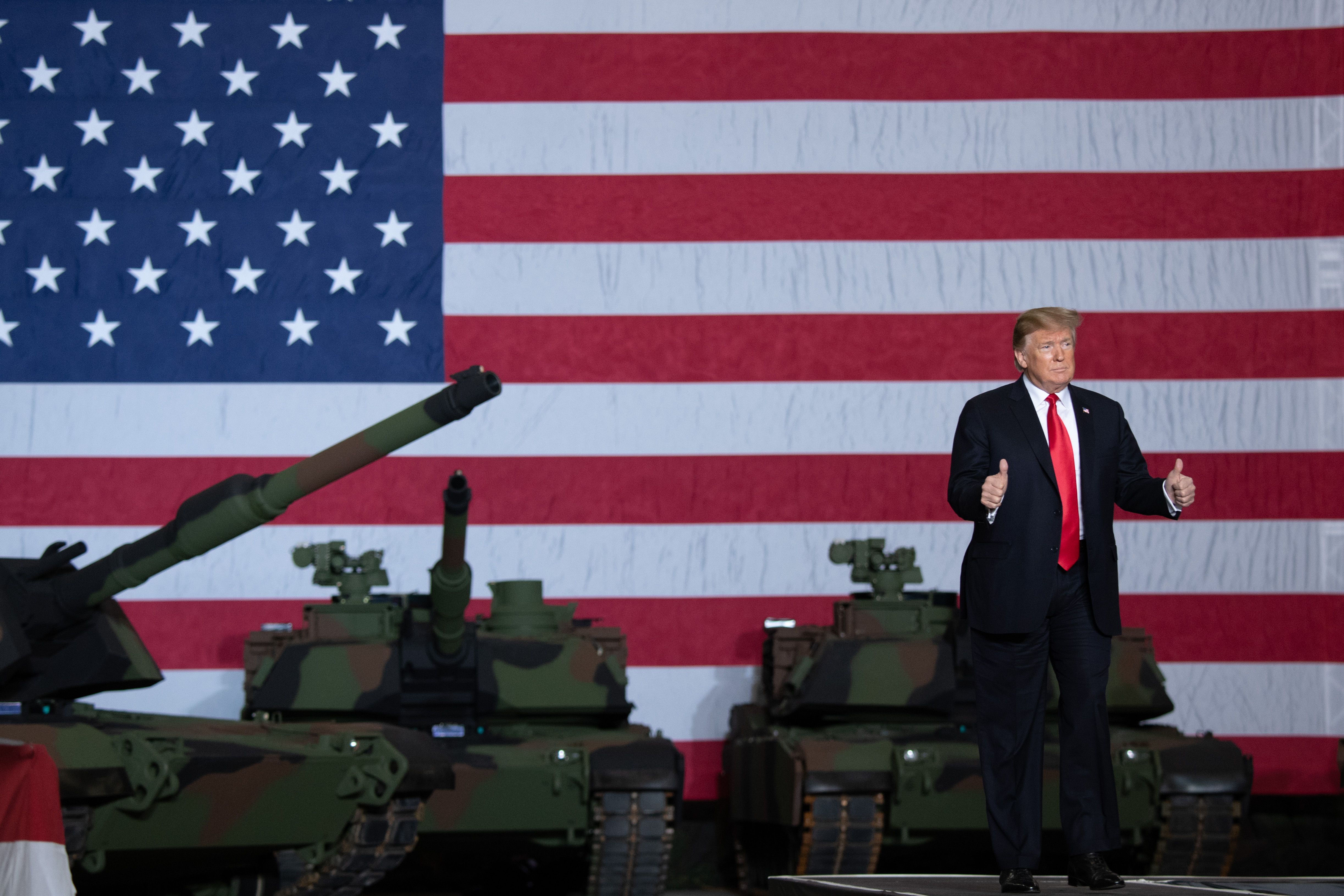 US President Donald Trump arrives to speak after touring the Lima Army Tank Plant at Joint Systems Manufacturing in Lima, Ohio, March 20, 2019. Credit: SAUL LOEB/AFP/Getty Images
