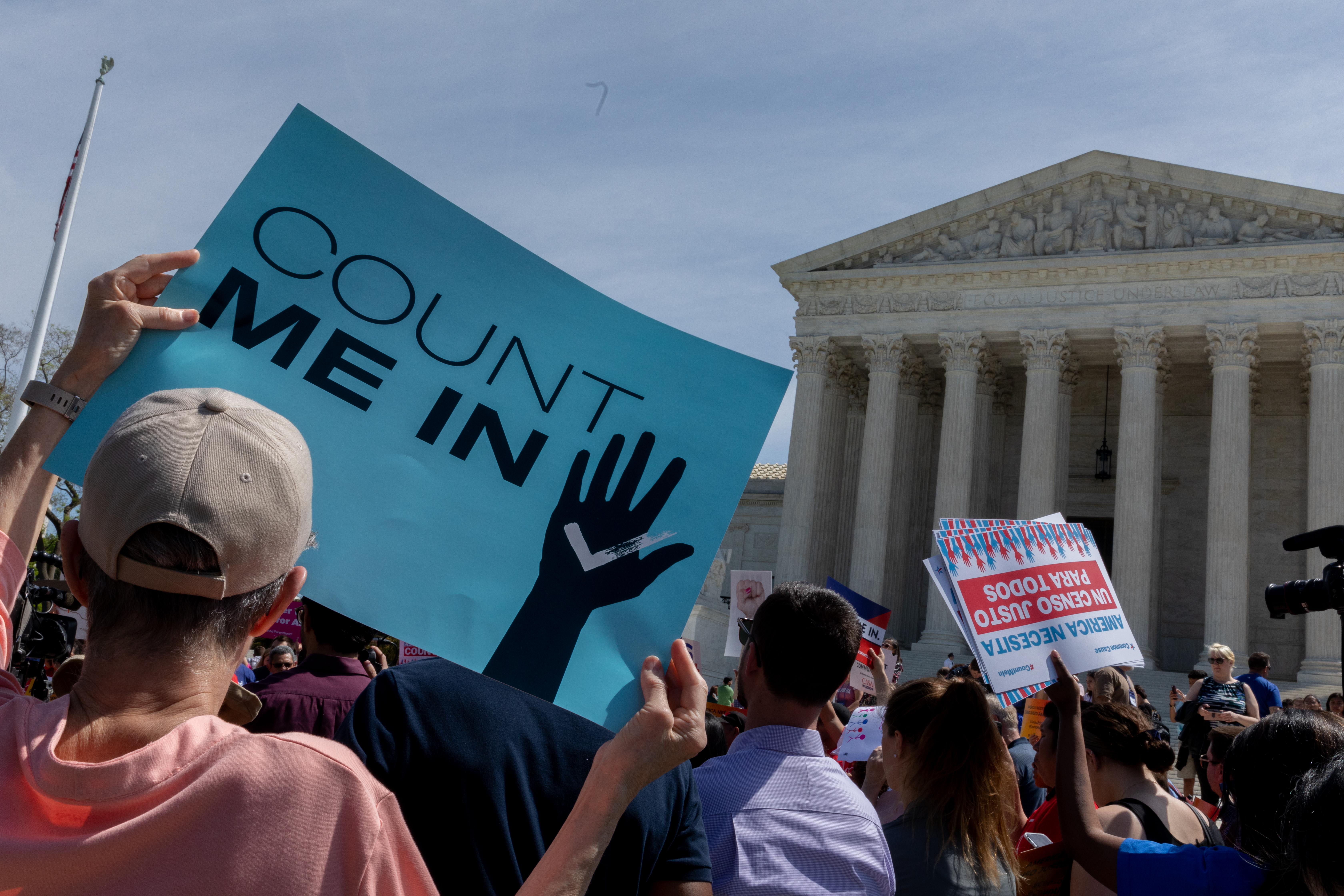 As the Supreme Court justices hear oral arguments over the 2020 census citizenship question, protesters have gathered outside the building in support of a fair and accurate census and demanding to not include the controversial question in the next census. Tuesday, April 23, 2019, Washington, D.C. (Photo by Aurora Samperio/NurPhoto via Getty Images)