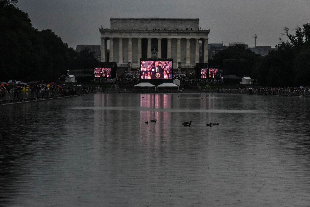 The Lincoln Memorial is seen on the National Mall while President Donald Trump gives his speech during Fourth of July festivities on July 4, 2019 in Washington, DC. (CREDIT: Stephanie Keith/Getty Images)