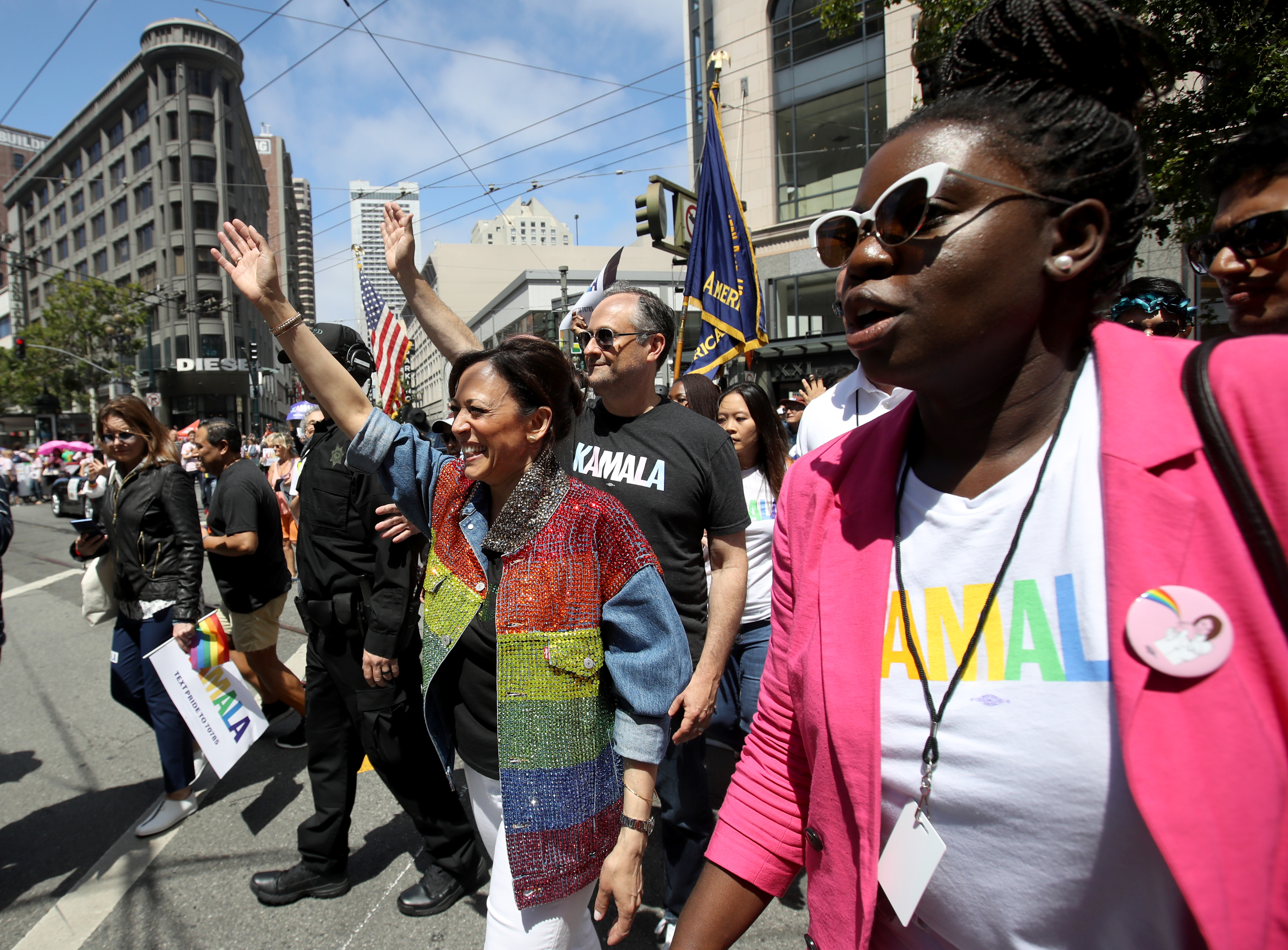 SAN FRANCISCO, CALIFORNIA - JUNE 30: Democratic presidential candidate U.S. Sen. Kamala Harris (D-CA) greets attendees during the SF Pride Parade on June 30, 2019 in San Francisco, California. An online smear campaign targeted Harris over the weekend, arguing she's not a black American and raising fears of birtherism and racism intruding into the 2020 campaign. (Photo by Justin Sullivan/Getty Images)