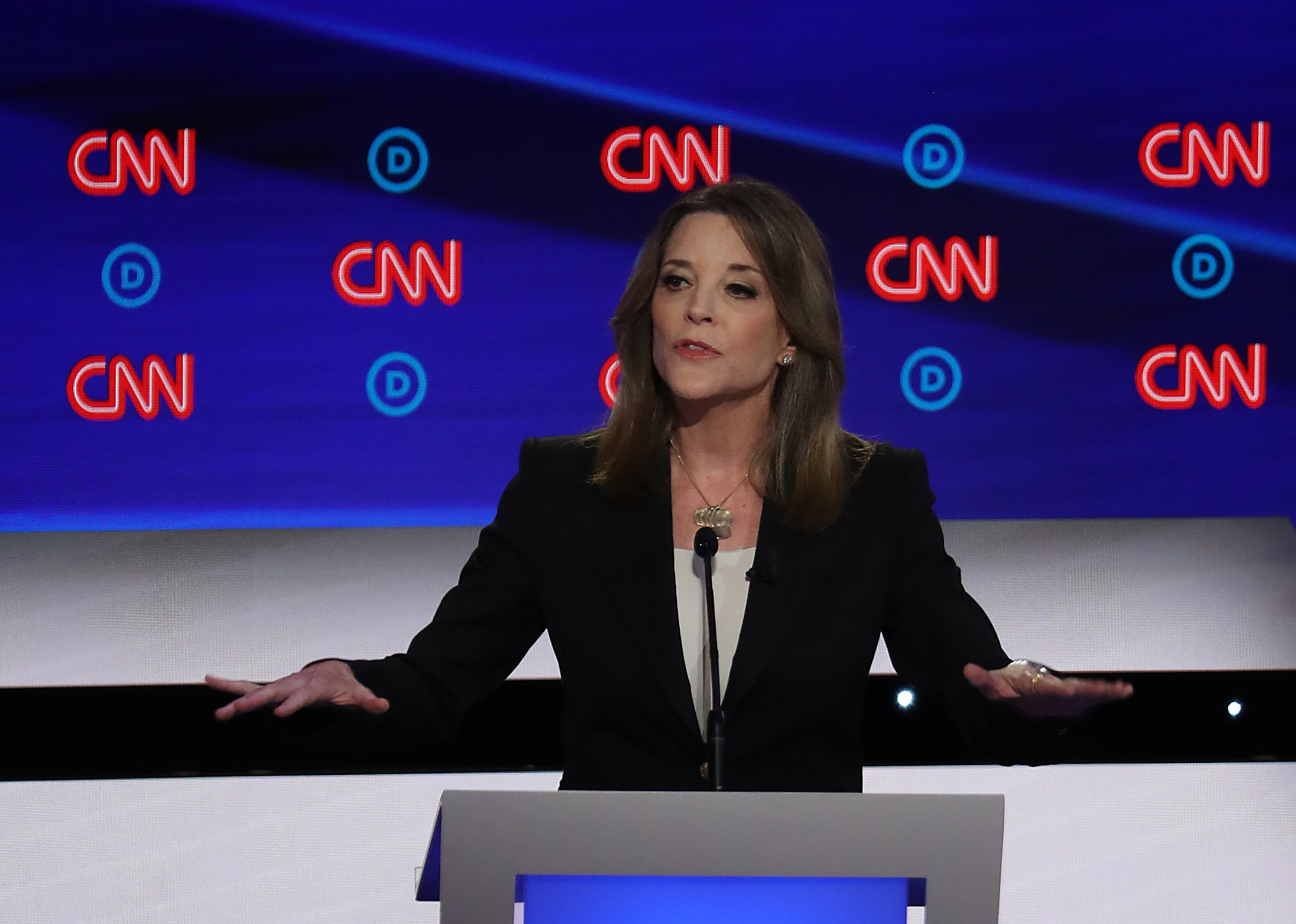 Democratic presidential candidate Marianne Williamson speaks during the Democratic Presidential Debate at the Fox Theatre July 30, 2019 in Detroit, Michigan. CREDIT: Justin Sullivan/Getty Images