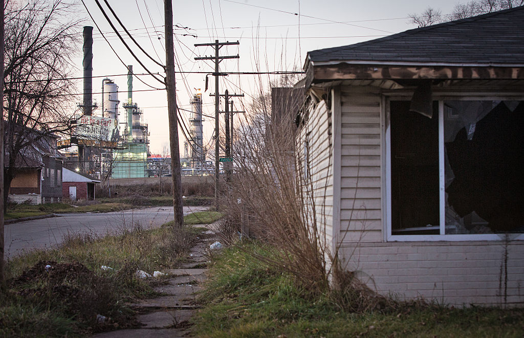 Blighted home near the Marathon Refinery in Oakwood Heights, the southernmost neighborhood of Detroit, Michigan. (Photo credit: Julie Dermansky/Corbis via Getty Images)