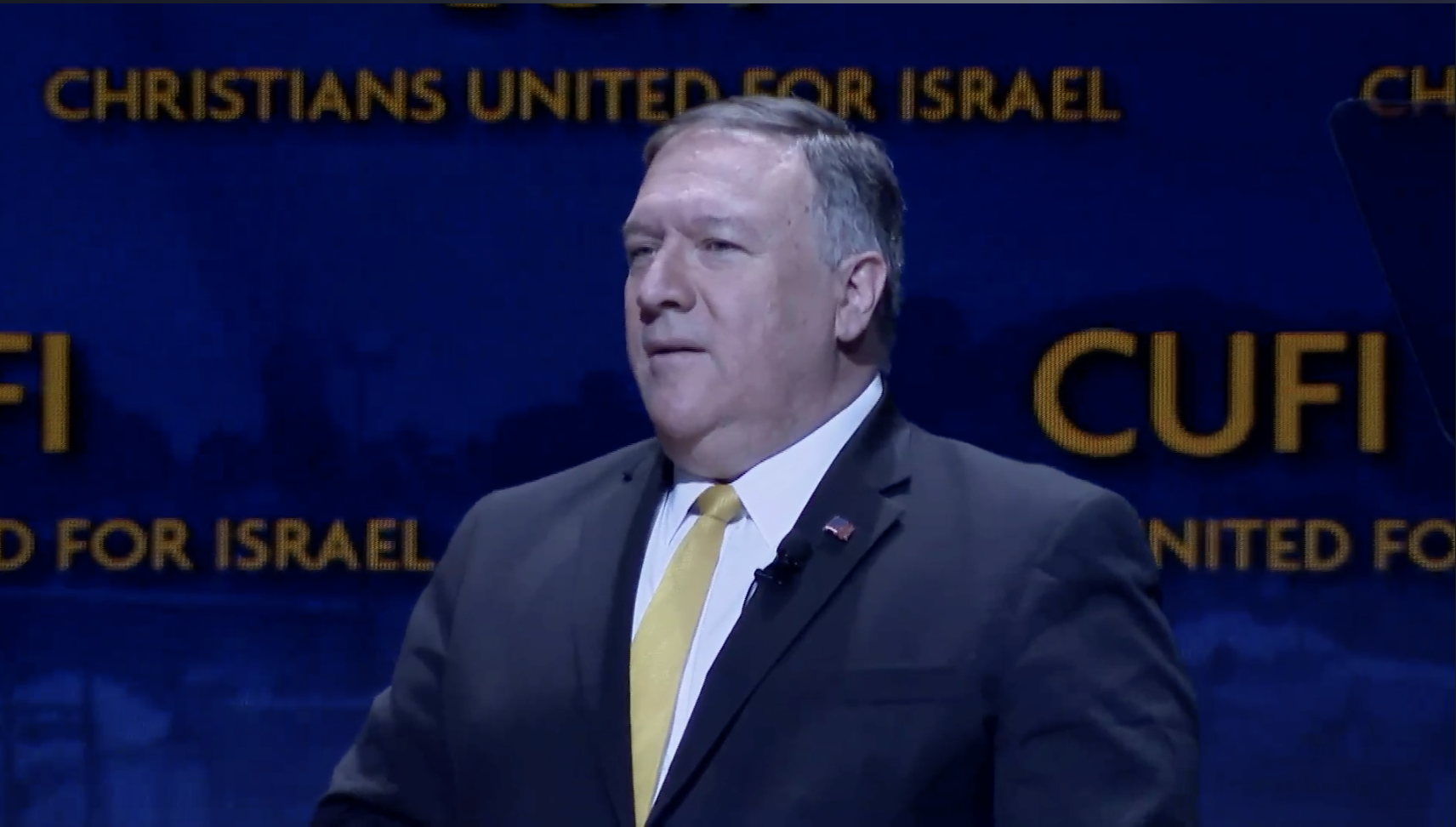 Secretary of State Mike Pompeo speaking at a Christians United For Israel event in Washington, D.C. on Monday, July 8, 2019. CREDIT: Screengrab/State Department Live Stream.