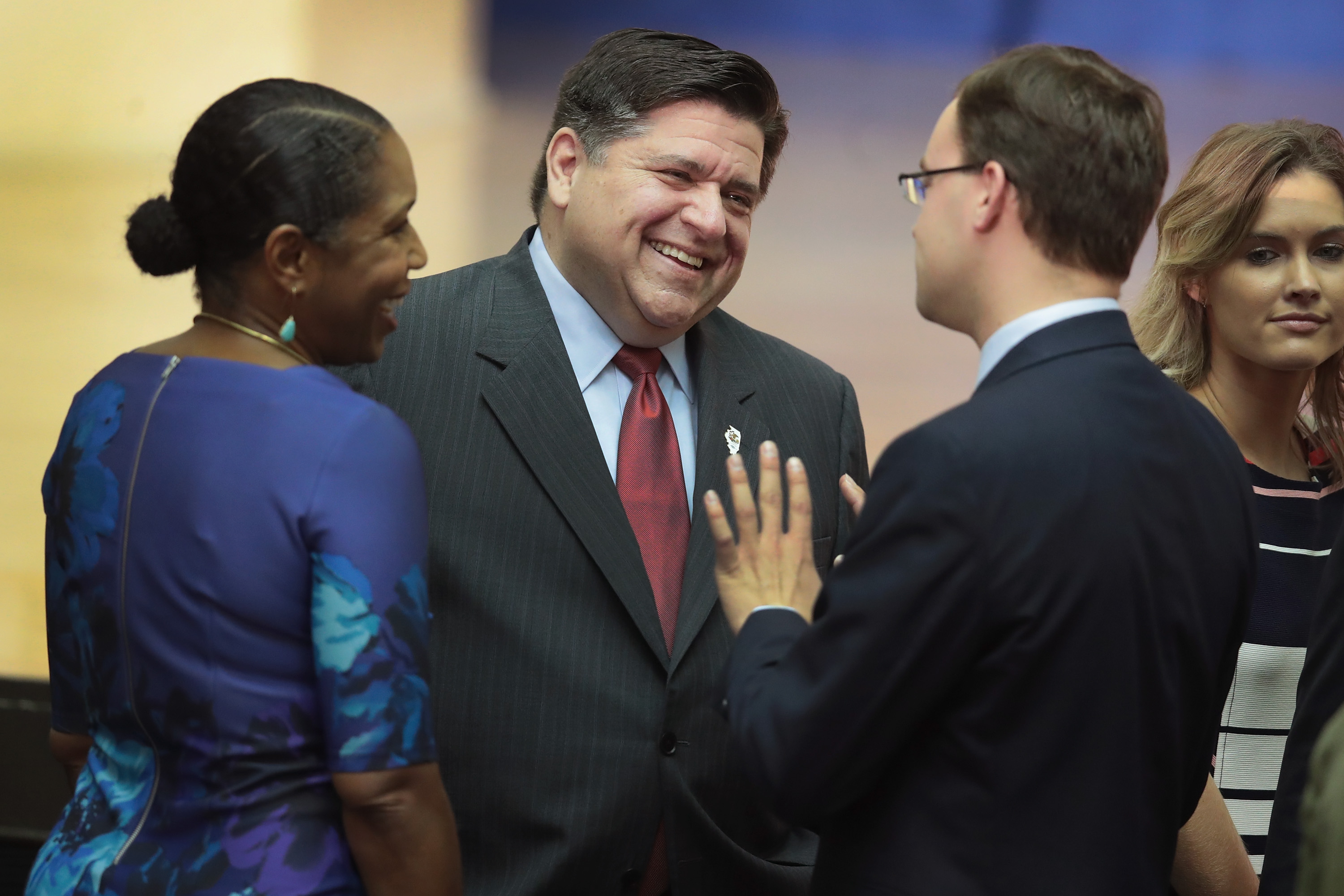 Then-Democratic candidate for Illinois Governor Jay Robert "J. B." Pritzker greets guests before a speech by former President Barack Obama at the University of Illinois on September 7, 2018 in Urbana, Illinois. (PHOTO CREDIT: Getty Images)