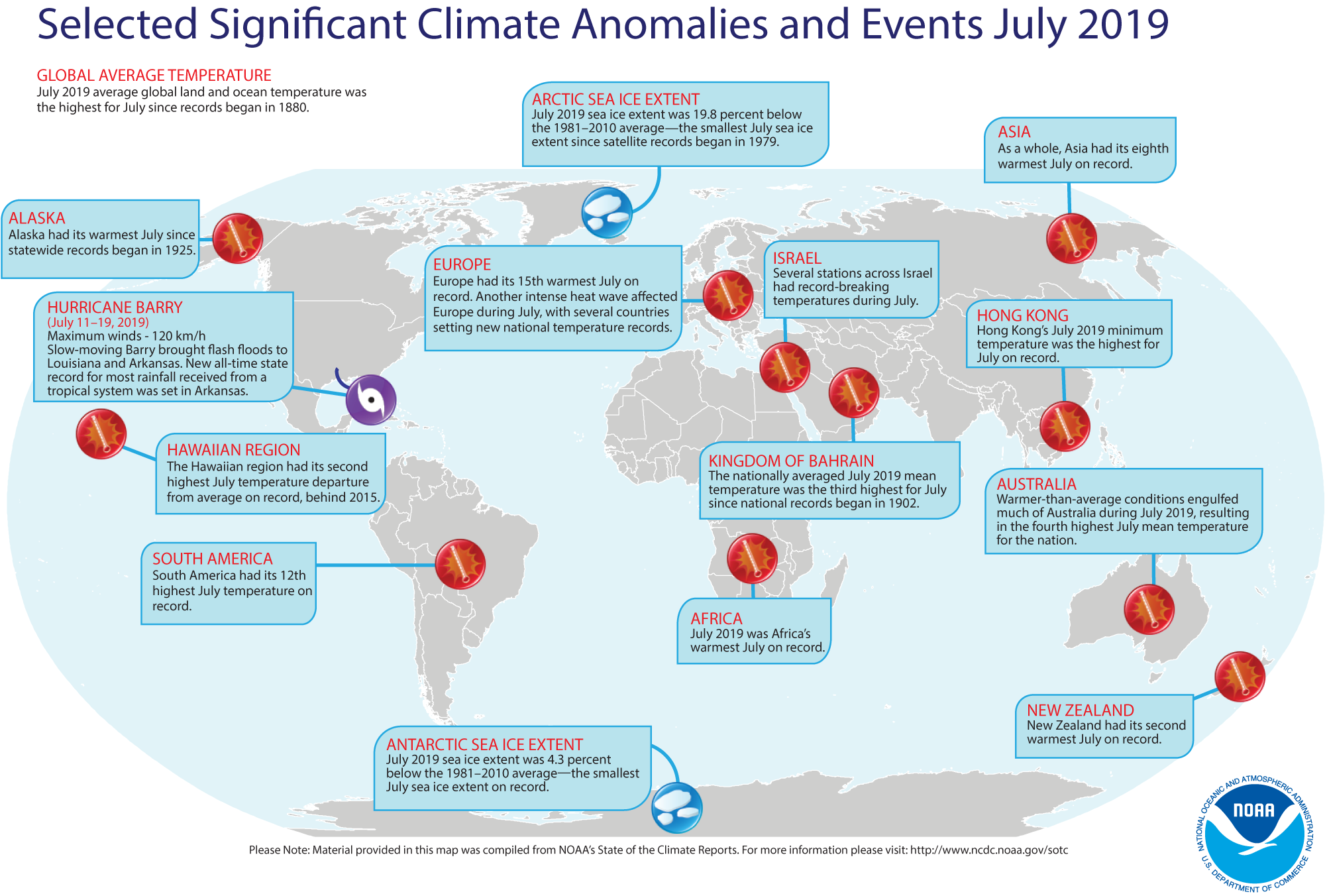 An annotated map of the world showing notable climate events that occurred around the world in July 2019. For details, see the short bulleted list below in our story (NOAA)