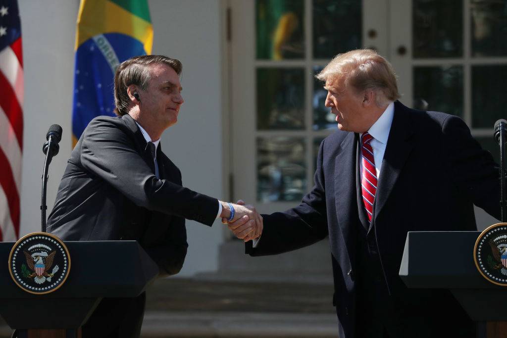 U.S. President Donald Trump and Brazilian President Jair Bolsonaro at the White House Rose Garden, March 19, 2019. CREDIT: Mark Wilson/Getty Images.