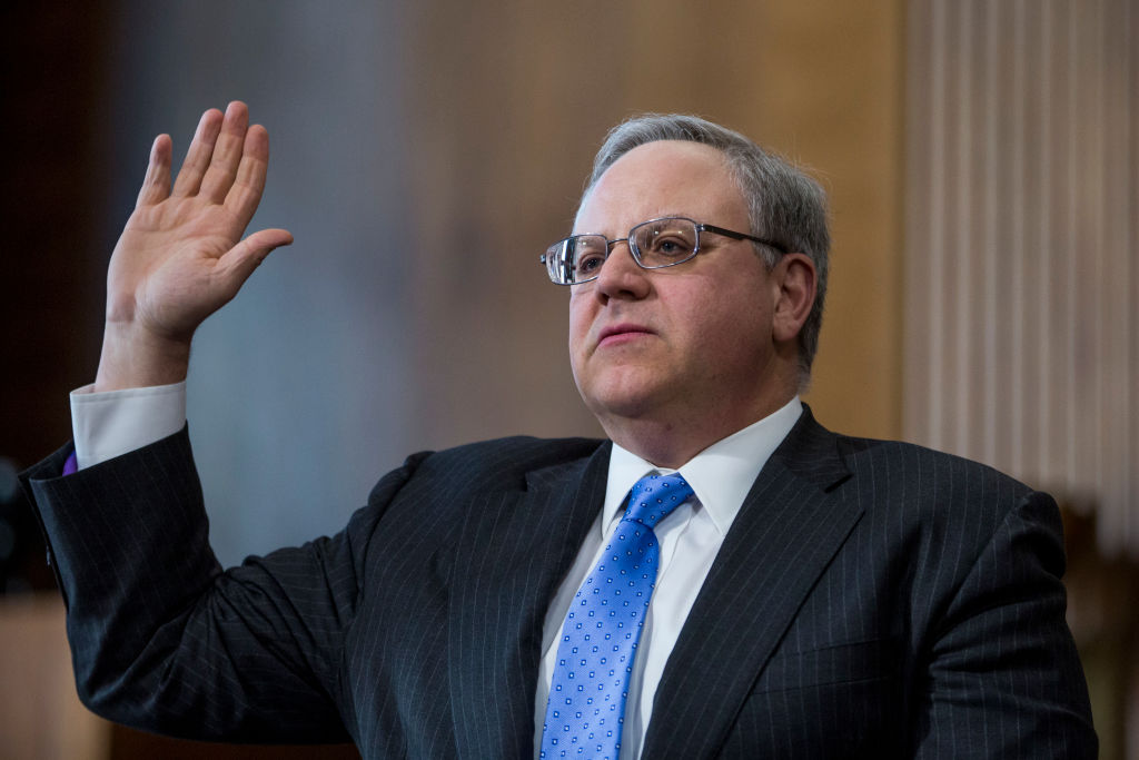 Interior Secretary David Bernhardt is sworn in during a Senate Energy and Natural Resources Committee confirmation hearing on March 28, 2019 in Washington, DC. (Photo credit: Zach Gibson/Getty Images)