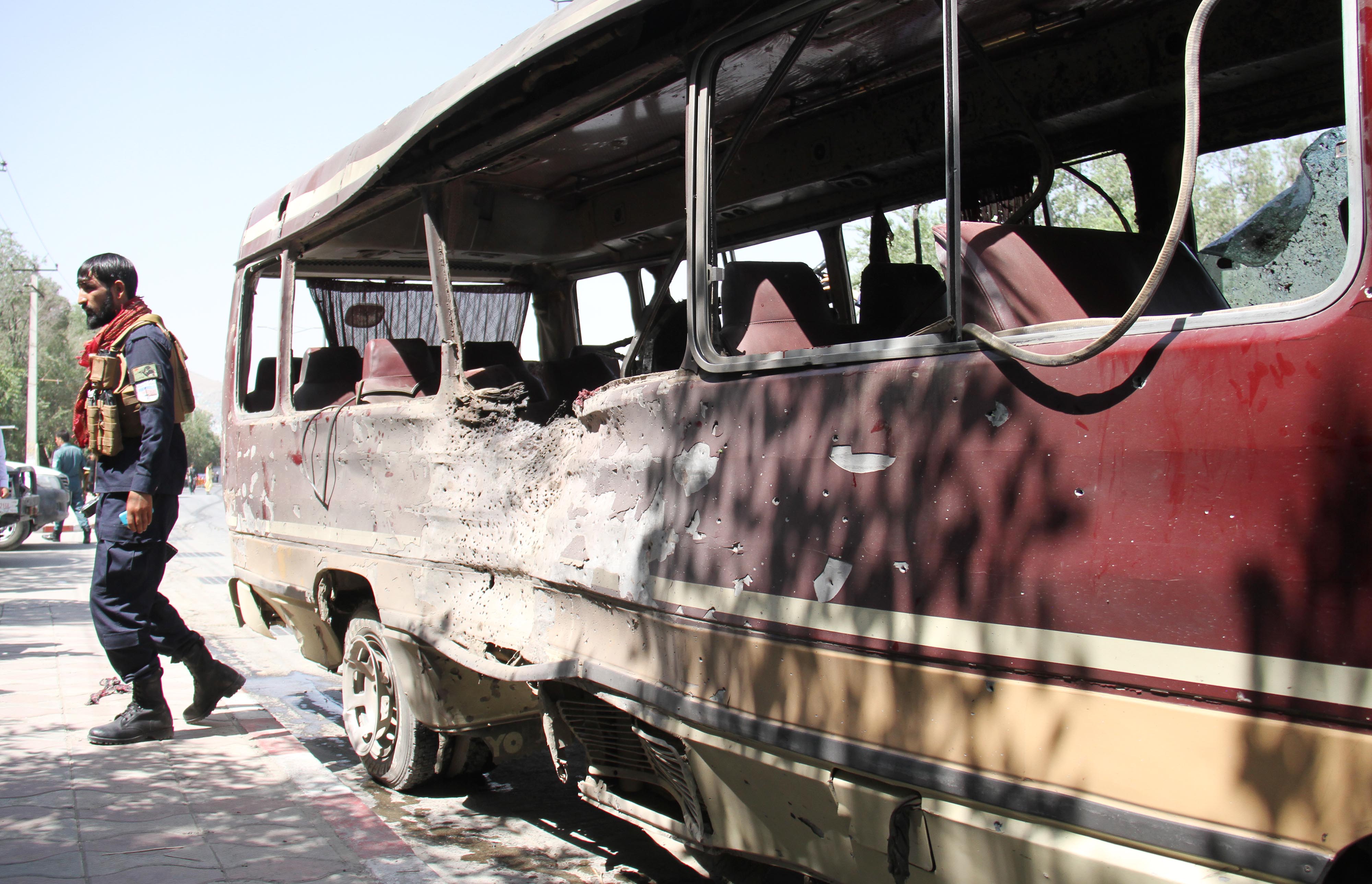 Afghan security forces inspect the site of a blast in Kabul, Afghanistan July 25, 2019. Three successive explosions left at least 11 people killed including women, children and 45 others wounded. Officials confirmed. Photo by: Wali Sabawoon
(Photo by Wali Sabawoon/NurPhoto via Getty Images)