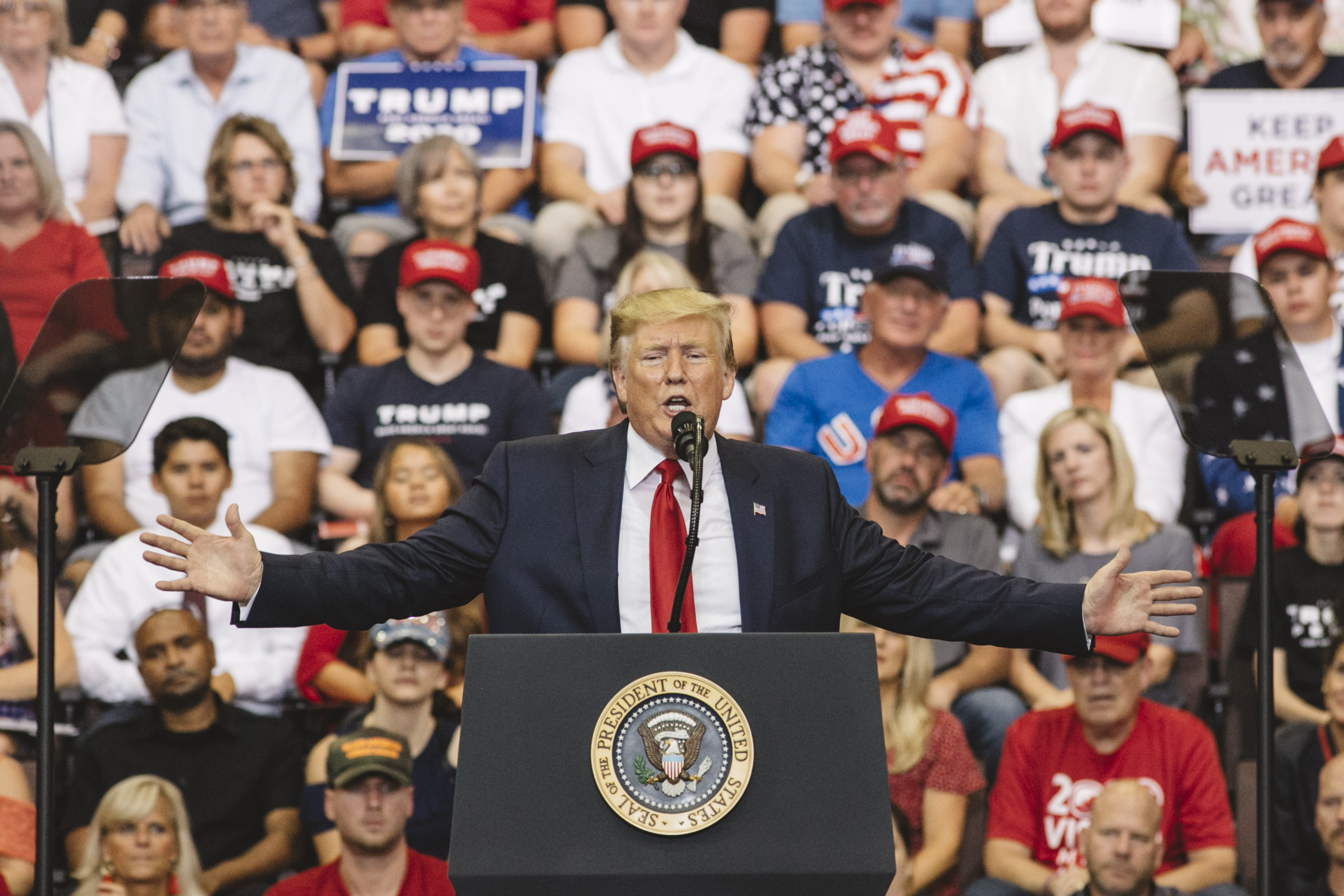 CINCINNATI, OH - AUGUST 01: President Donald Trump speaks at a campaign rally at U.S. Bank Arena on August 1, 2019 in Cincinnati, Ohio. The president was critical of his Democratic rivals, condemning what he called "wasted money" that has contributed to blight in inner cities run by Democrats, according to published reports. (Photo by Andrew Spear/Getty Images)