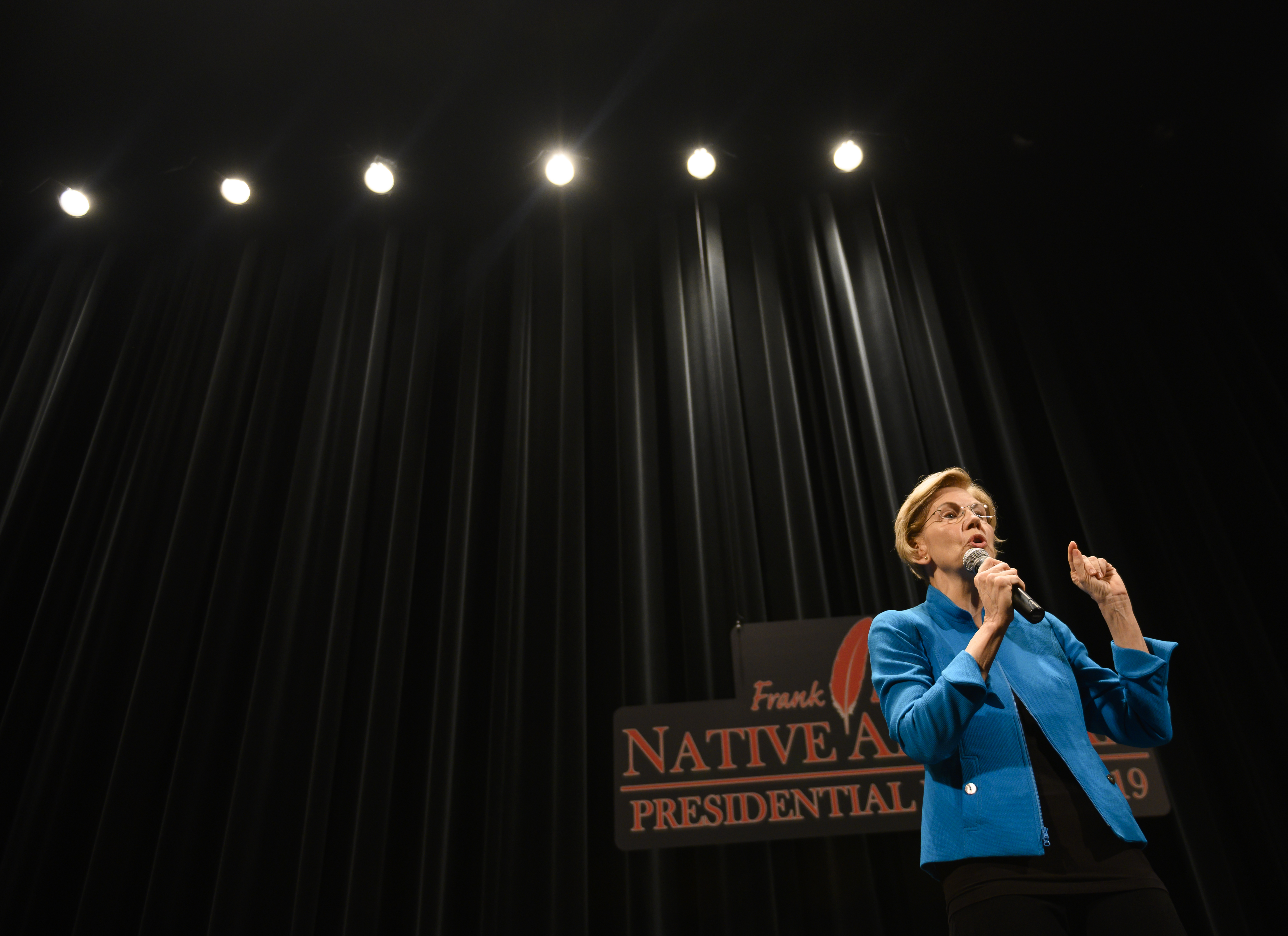 SIOUX CITY, IA - AUGUST 19: Democratic presidential candidate Sen. Elizabeth Warren (D-MA) answers questions from a panel member at the Frank LaMere Native American Presidential Forum on August 19, 2019 in Sioux City, Iowa. Warren was introduced by Rep. Deb Haaland (D-NM) who she has co-sponsored legislation with to help the Native American community. (Photo by Stephen Maturen/Getty Images)