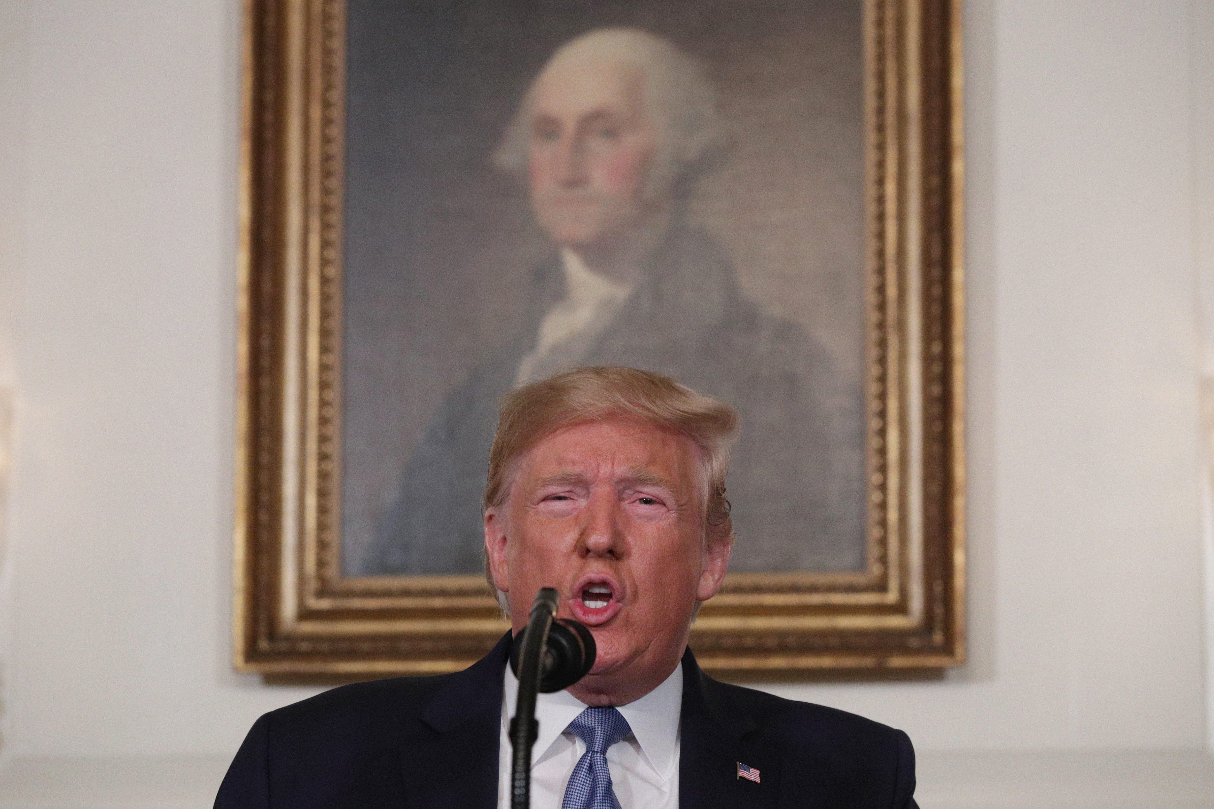 WASHINGTON, DC - AUGUST 05: U.S. President Donald Trump makes remarks in the Diplomatic Reception Room of the White House August 5, 2019 in Washington, DC. President Trump delivered remarks on the mass shootings in El Paso, Texas, and Dayton, Ohio, over the weekend. (Photo by Alex Wong/Getty Images)