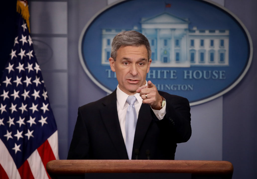 Acting Director of U.S. Citizenship and Immigration Services Ken Cuccinelli speaks about immigration policy at the White House during a briefing August 12, 2019 in Washington, DC. (CREDIT: Win McNamee/Getty Images)
