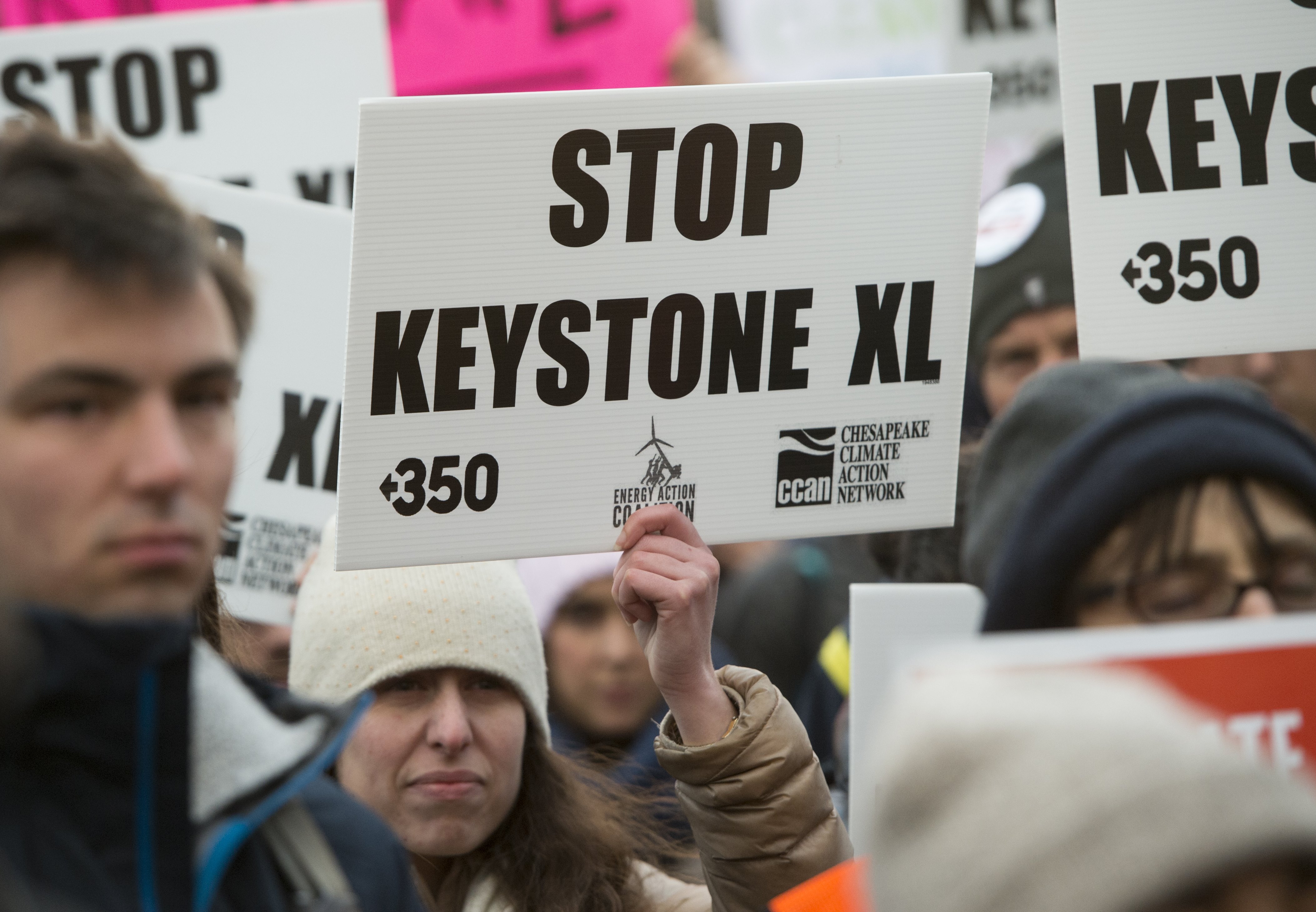 Opponents of the Keystone XL and Dakota Access pipelines hold a rally as they protest US President Donald Trump's executive orders advancing their construction, at Lafayette Park next to the White House in Washington, DC, on January 24, 2017.
CREDIT: SAUL LOEB/AFP/Getty Images