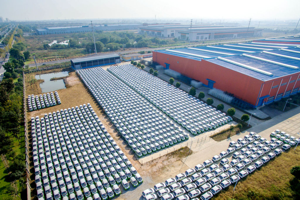 Aerial view of electric cars at Kandi Electric Vehicles Group Co. in Changxing County on October 24, 2017 in Huzhou, China. CREDIT: Tan Yunfeng/VCG.