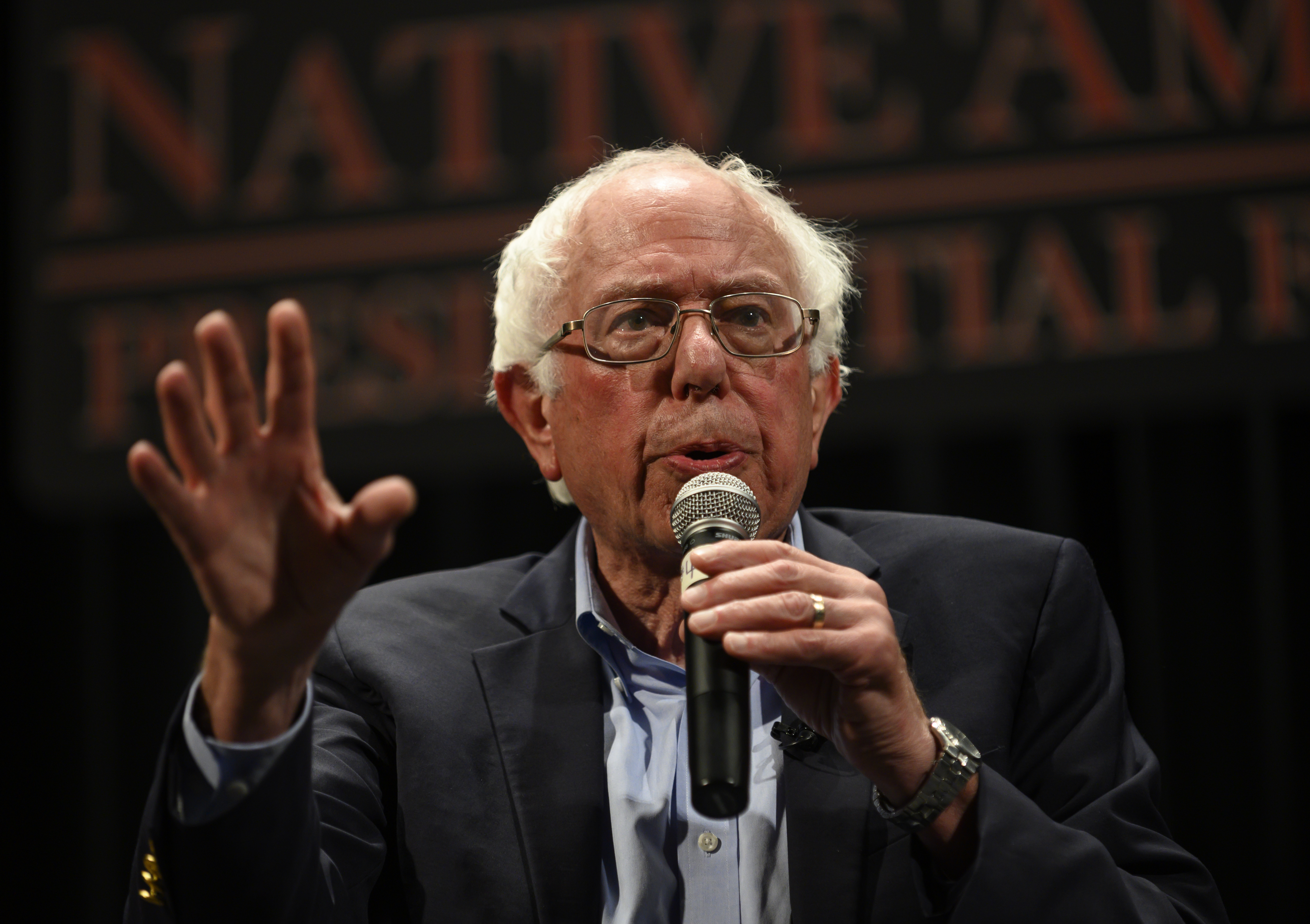 SIOUX CITY, IA - AUGUST 20: Democratic presidential candidate Sen. Bernie Sanders (I-VT) speaks at the Frank LaMere Native American Presidential Forum on August 20, 2019 in Sioux City, Iowa. Sanders addressed a number of questions about issues facing the Native American community. (Photo by Stephen Maturen/Getty Images)