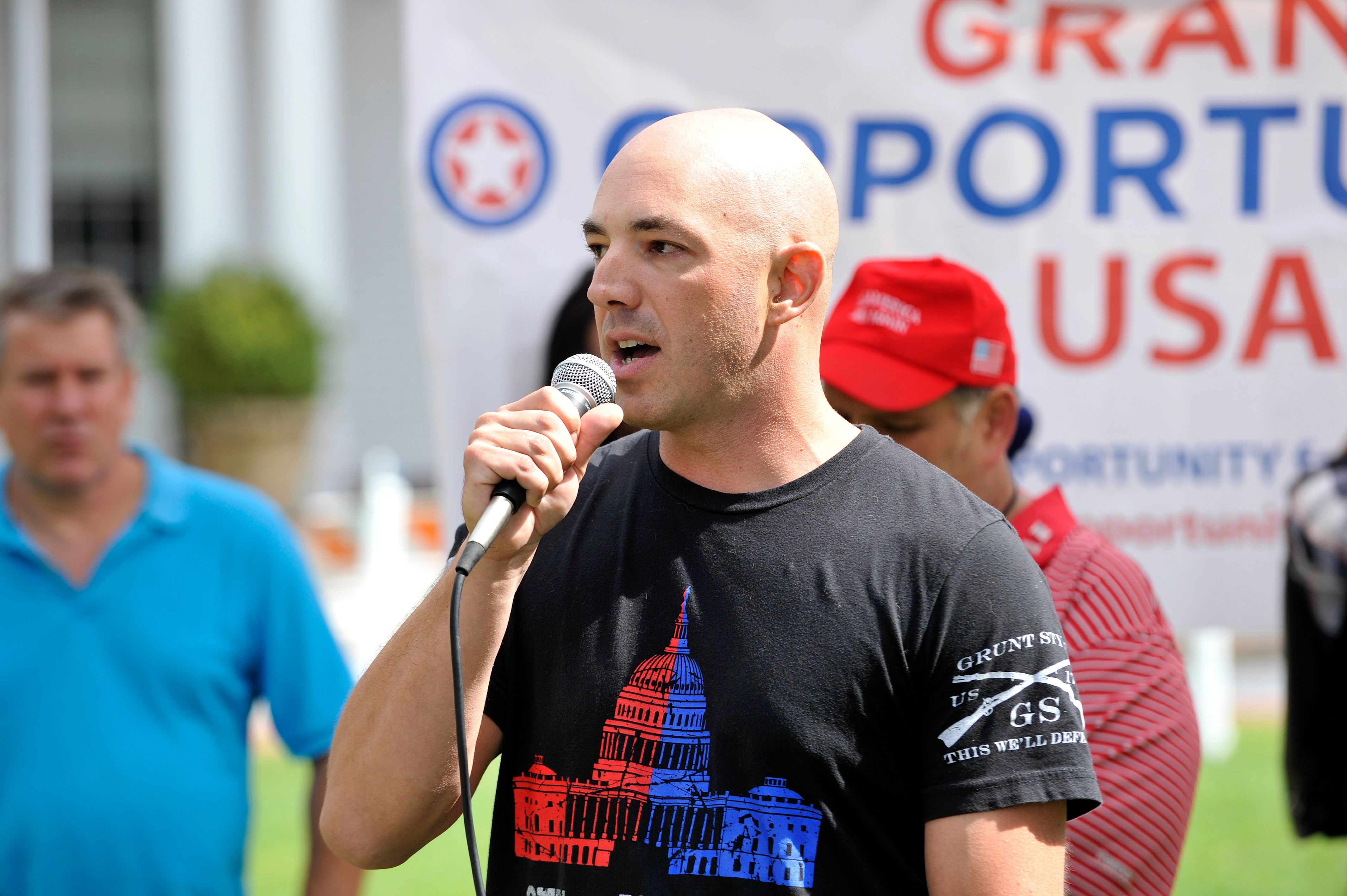 Conservative speaker and one one the organizers for the Boston Straight Pride Parade, Samson Racioppi speaks to people attending the "Defend the Constitution Rally" at Lexington Depot Square in Lexington, Massachusetts, on August 8, 2019. - The rally was organized by the Eastern Republican Liberty Caucus of Massachusetts and Grand Opportunity USA (GOUSA). (Photo by Joseph Prezioso / AFP) (Photo credit should read JOSEPH PREZIOSO/AFP/Getty Images)