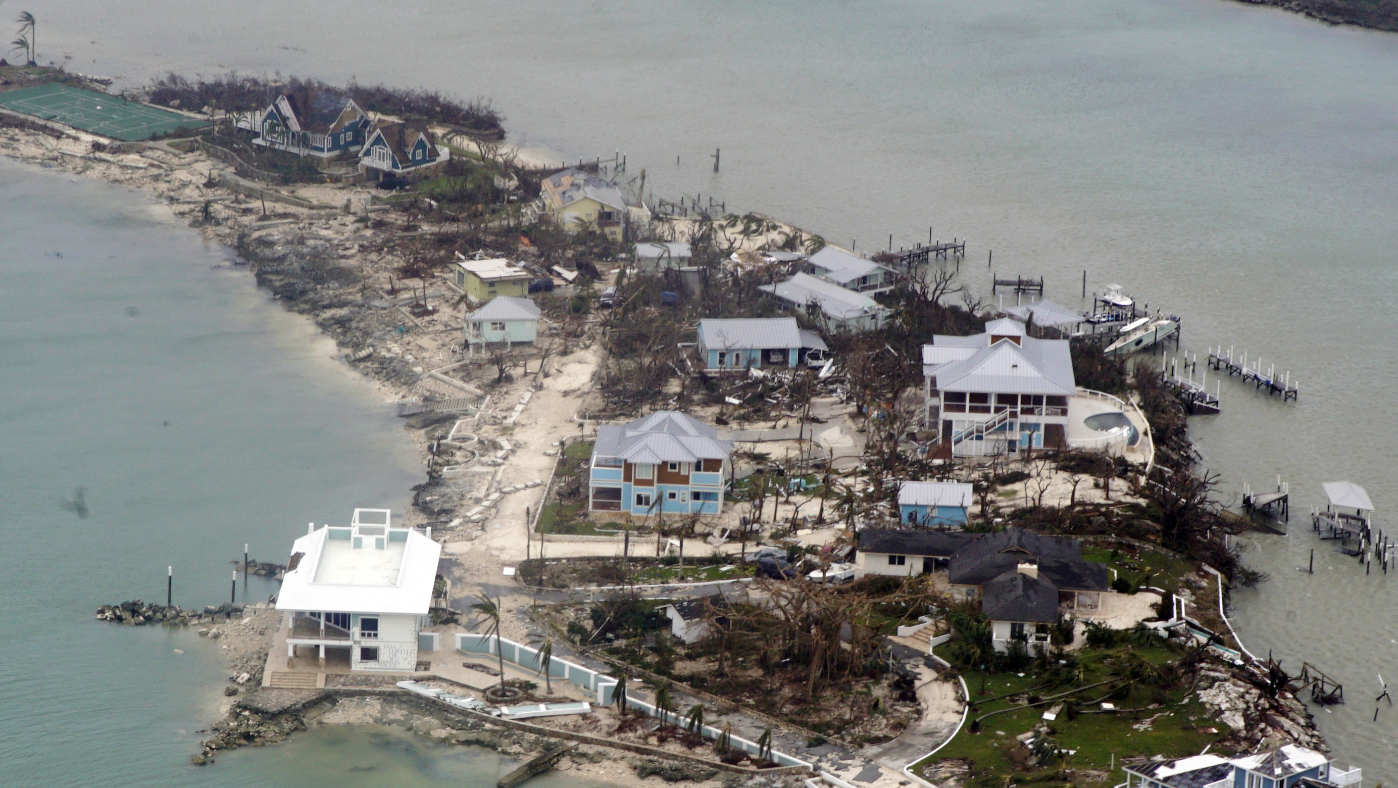 In this USCG handout image, an aerial view of houses in the Bahamas from a Coast Guard Elizabeth City C-130 aircraft after Hurricane Dorian shifts north September 3, 2019. CREDIT: Adam Stanton/US Coast Guard via Getty Images