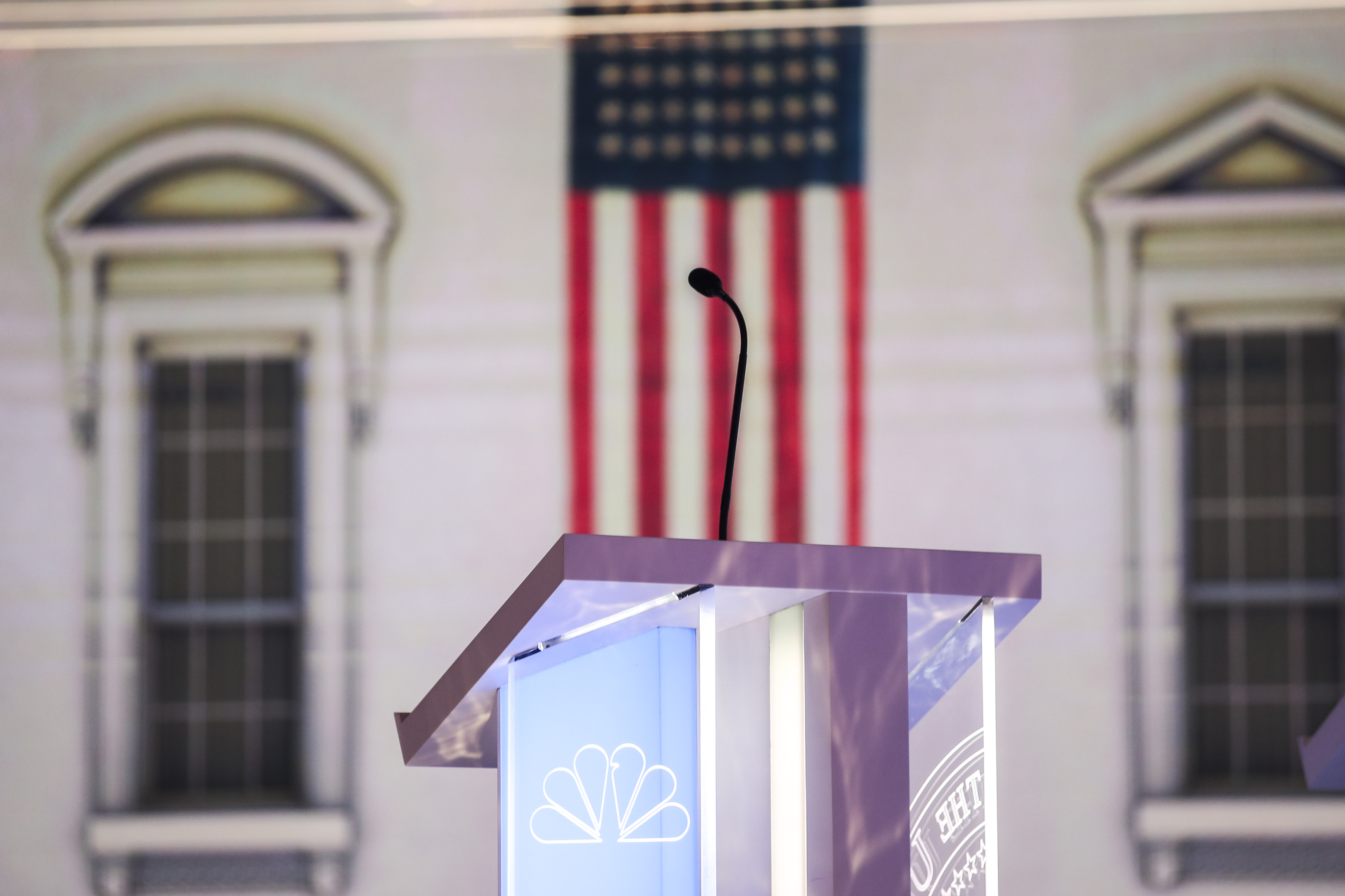 MIAMI, FL - JUNE 26: The stage is set for the first Democratic presidential primary debate for the 2020 election at the Adrienne Arsht Center for the Performing Arts, June 26, 2019 in Miami, Florida. A field of 20 Democratic presidential candidates was split into two groups of 10 for the first debate of the 2020 election, taking place over two nights at Knight Concert Hall of the Adrienne Arsht Center for the Performing Arts of Miami-Dade County, hosted by NBC News, MSNBC, and Telemundo. (Photo by Drew Angerer/Getty Images)